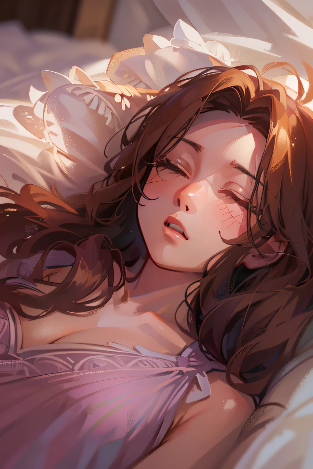 (masterpiece), best quality, beautiful detailed hair detailed face, ultra high res, sharp focus, ((1 woman, solo)), (warm pastel color), perfect feminine face, full body, close up, in the comfortable bedroom, dark light, lying down on the bed, chesnut brown hair, long hair, (close eyes:1.2), (comfortable sleeping face:1.5) (sexypose :1.5)