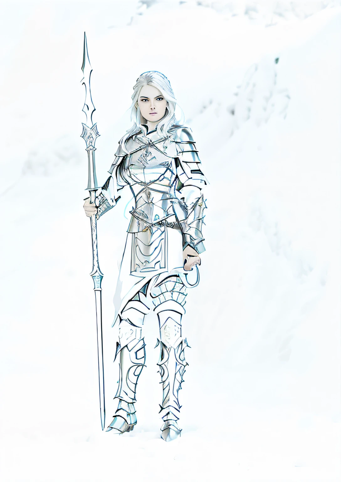 a drawing of a woman in armor holding a spear and a staff, complex fantasy character, female paladin, fantasy paladin woman, female cleric, picture of female paladin, dnd fantasy character, fantasy d&d character, elisha cuthbert as a d&d paladin, simple lineart, dnd character, bold lineart, pretty female cleric