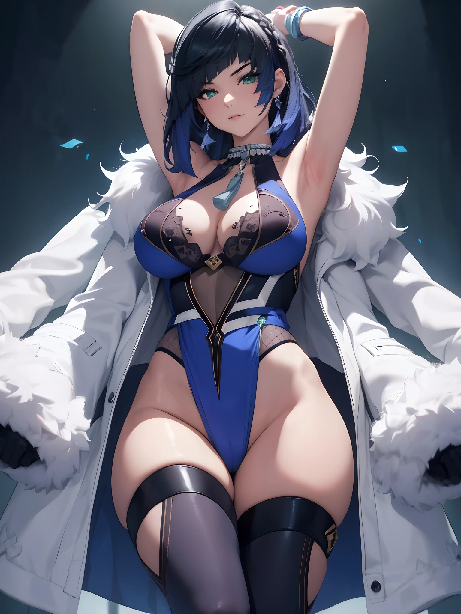 ((top quality, 8k, masterpiece: 1.3, ultra hd, high quality, best quality, high definition, realism)), sharp focus: 1.5, Beautiful woman with Slim body, Dark blue straight hair, Beautiful Green tosca eyes, Big breasts, Abs, Tight dark blue bikini, Seductive pose, Armpit, Both thighs opened wide showing her pubic, Thick pubic hair.