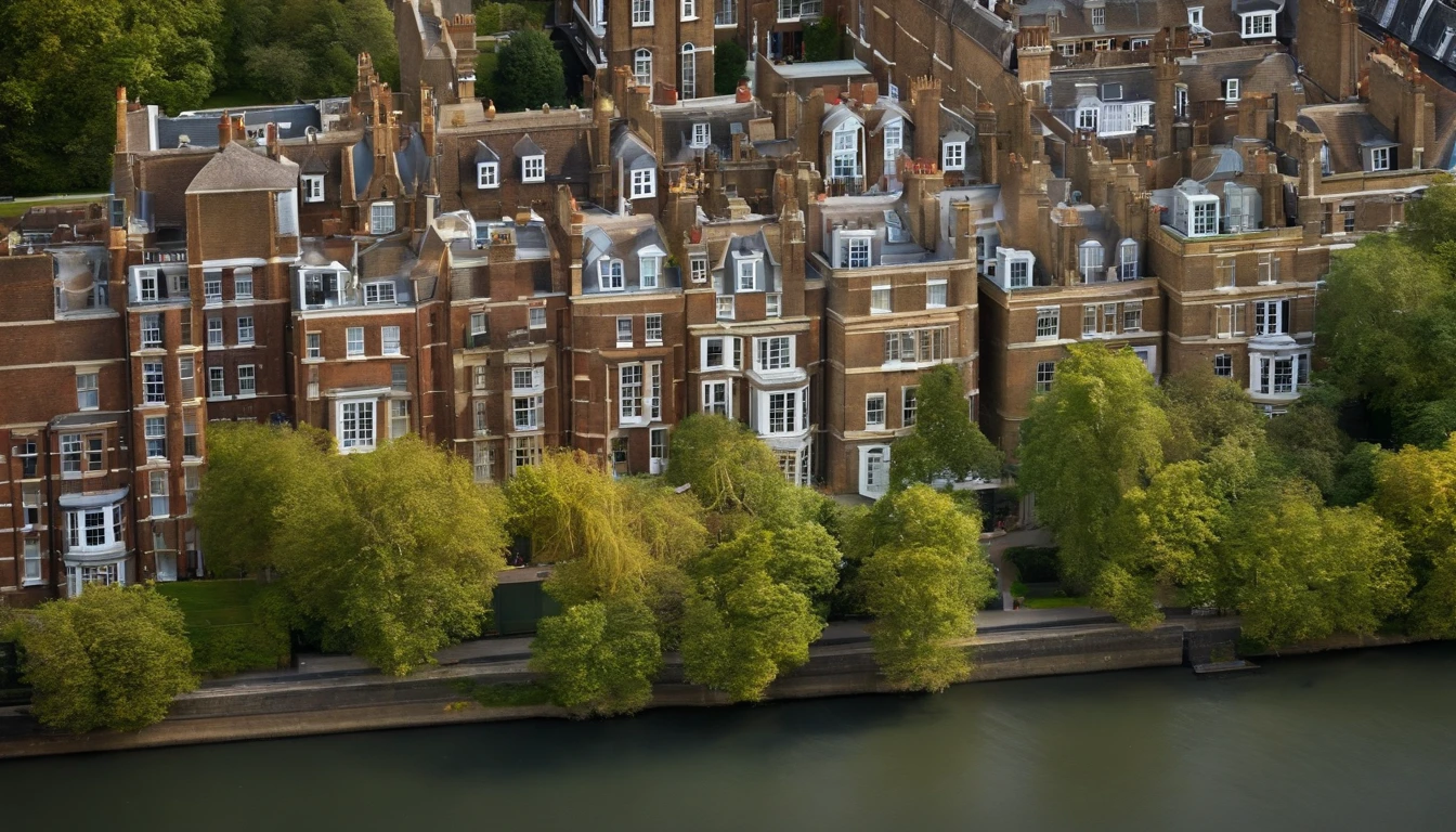Aerial photograph of a house in the UK，A row of sloping houses，Diagonal composition，Thames embankment,no trees，Big Ben, london, Rich in detail，photo realistic style
