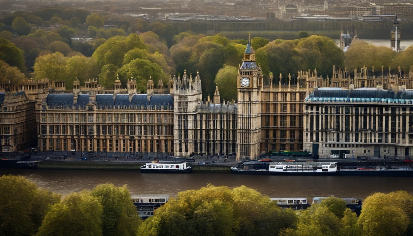 Aerial photograph of a house in the UK,A row of sloping houses,Diagonal composition,Thames embankment,no trees,Big Ben, london, Rich in detail,photo realistic style