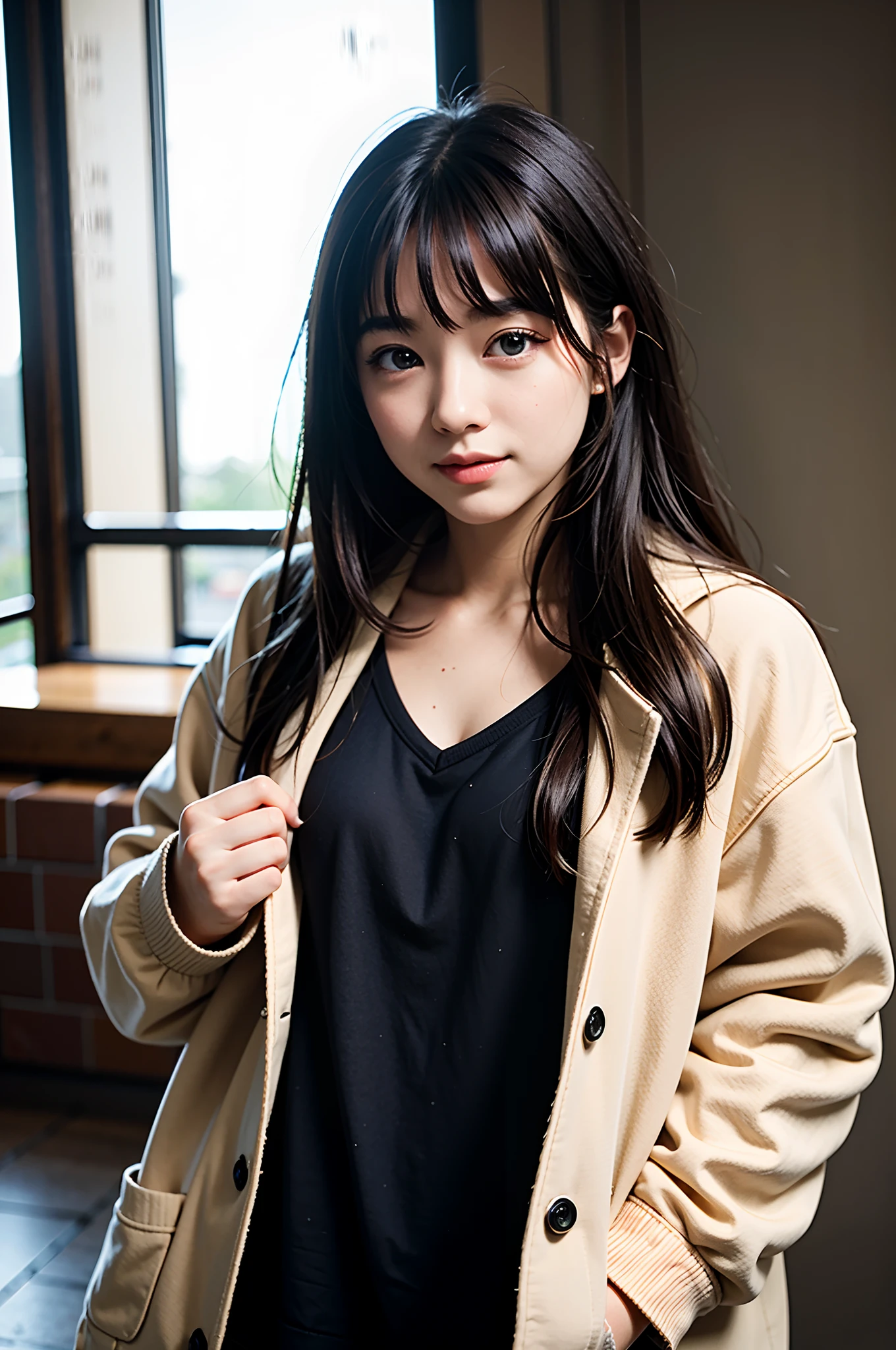 masterpiece, top-quality、Raw foto, Photorealsitic、1womanl、Face shot、 student、Yokohama Red Brick Warehouse、Leaning against the wall、oversize jacket、sideshot、Autumn clothes in warm colors、A smile、Smaller chest、unbelievable Ridiculous、depth of fields, hight resolution, ultra-detailliert, foco nítido, Cinematic lighting、Add highlights to the eyes