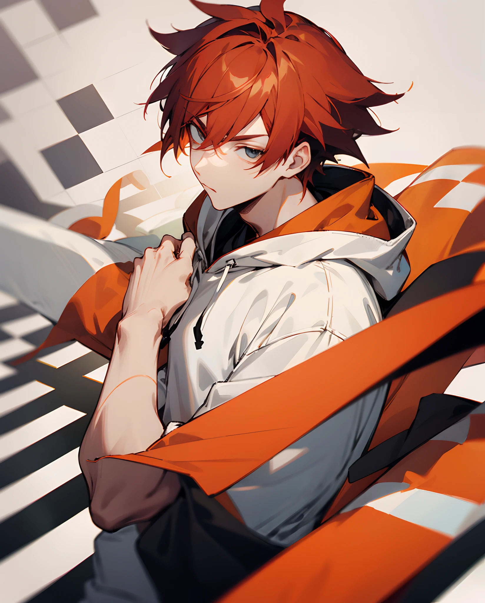 Anime young man with orange and red hair wearing a white and black checkered hoodie