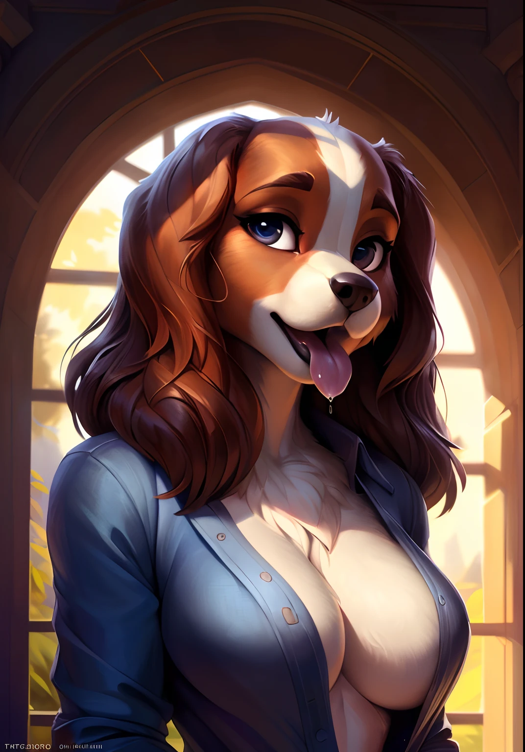 uploaded on e621, by Pixelsketcher, by Bayard Wu, by Thomas Benjamin Kennington , by Einshelm, solo anthro, ((face portrait)), BREAK, ((mouth open tongue out, saliva dripping)), ((wear unbuttoned shirt)), (detailed Bonifasko lighting), (detailed fur), (detailed skin), BREAK, ((mouth open tongue out, saliva dripping)), ((wear unbuttoned shirt)), ((facing viewer )), (cinematic lighting), ((detailed background)), ((face view)), (((portrait view))), (half shadow), [backlighting], [crepuscular ray], [detailed ambient light], [gray natural lighting], [ambient light], (higher wildlife feral detail), [explict content], [sharp focus], (questionable content), (shaded), ((masterpiece), big hips, medium featureless breasts, breasts, furry Cocker Spaniel, Cocker Spaniel face, Furry Fantasy Art, Anthro Art, Commission for High Res, Furry Art, furry Art,Sakimichan beautiful, masterpiece, medium featureless breasts, best quality, detailed image, bright colors, detailed face, perfect lighting, perfect shadows, perfect eyes, girl focus, cocker spaniel eyes, flawless face, big featureless breasts, gorgeous, shiny face, face focus, Cocker Spaniel ears, Cocker Spaniel girl, fluffy, fluffy woman, face fur, animal nose, muzzle, two-tone fur, gaze at the viewer, half-closed eyes, 1girl, solo, full face only, (masterpiece), (best quality), (illustration), (cinematic lighting), detailed fur, balanced coloring, global illumination, ray tracing, good lighting, Cocker Spaniel, furry, anthro, showing featureless breasts, cleavage, attractive face, sexy face, looking at viewer, seductive look, SFW