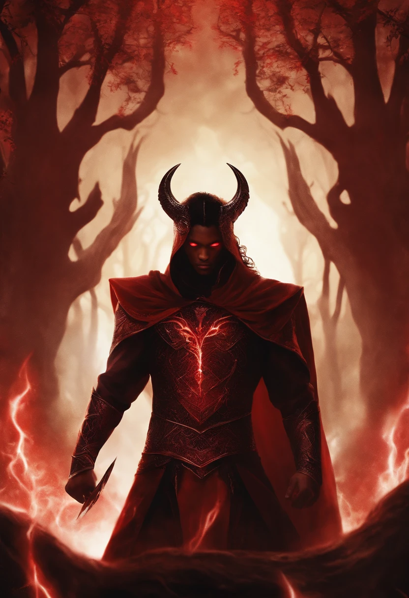 color photo of a brown boy, 19 years old, with red eyes, exuding a mesmerizing red power. His skin is a captivating blend of tan and black, adding an ethereal touch to his presence. Clad in a striking black cloth, he stands in a fantasy kingdom, surrounded by a dark power that emanates from within him. His eyes glow with the intensity of his red eyes power, while dark black energy radiates from his body, intertwining with his every movement. In a fierce battle, he fearlessly confronts a multitude of devils and demons, showcasing his unwavering strength and determination. —c 10 —ar 2:3
