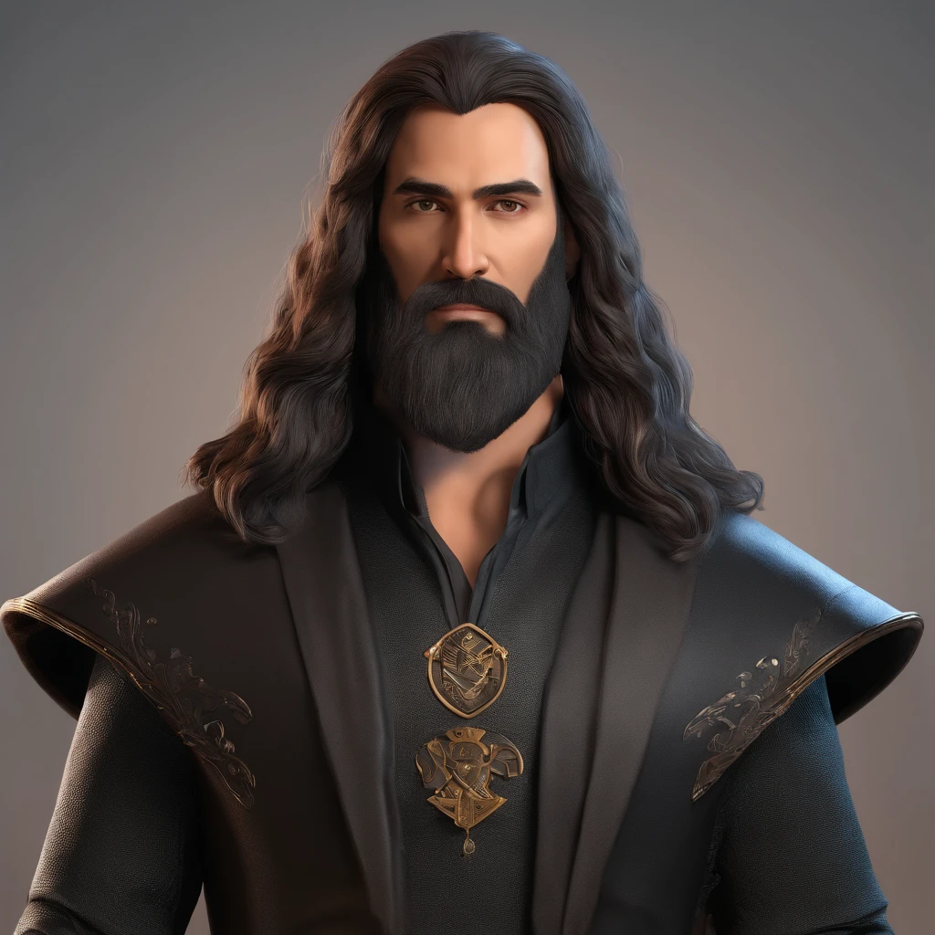 A Man with long hair and full beard wearing a black costume with cinematic dark background,concept art, highly detailed, sharp