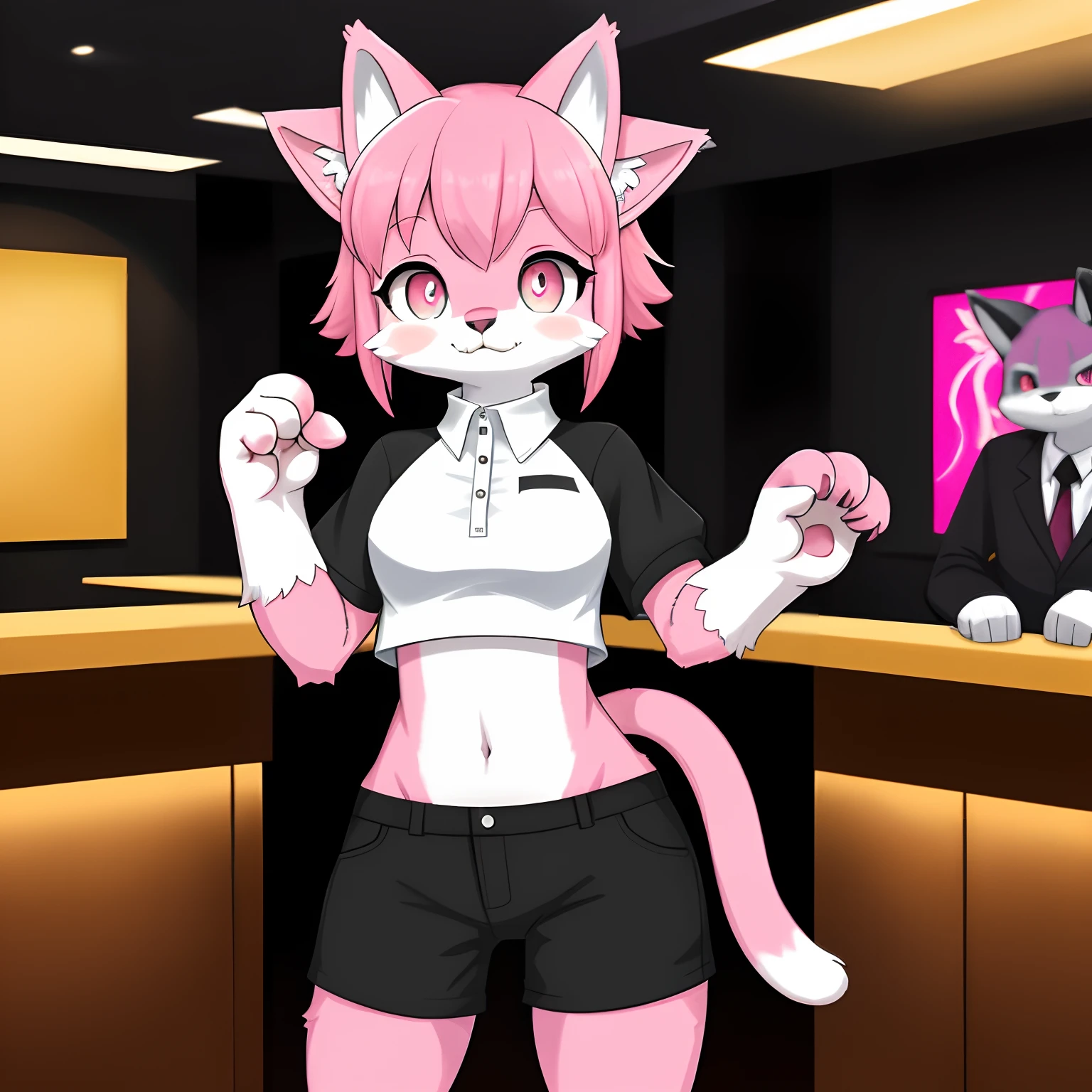 downy furry,,loli,PINK hr,short hair ,PINK CATt eye, pink downy furry skin,PINK CAT ears, pink furry hand,PINK CAT tail,a strip of furry cat tail,furry CAT legs,furry CAT foot,furry face, furry torso,furry navel,furry lips,furry cat mouth,good anatomy,good artist,good quality,good detail,full body,Nightclub,front desk,receptionist,Western-style clothes