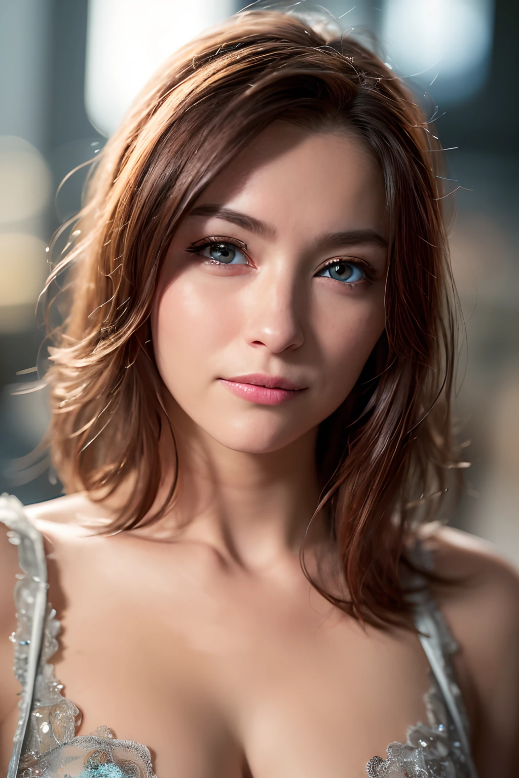 (realistic, photo-realistic:1.37),(8k, RAW photo, best quality, masterpiece:1.2), cute, ultra-detailed,heart-shaped pupils,physically-based rendering, ultra high res, kodakvision color, shot on Arricam LT Camera, bokeh, sharp focus,
looking at viewer,photorealistic,realistic, solo, photorealistic, best quality,extremely detailed face,extremely detailed eyes and face, beautiful detailed eyes,absurdres, incredibly absurdres,haunting smile,Messy hair, floating hair, ,