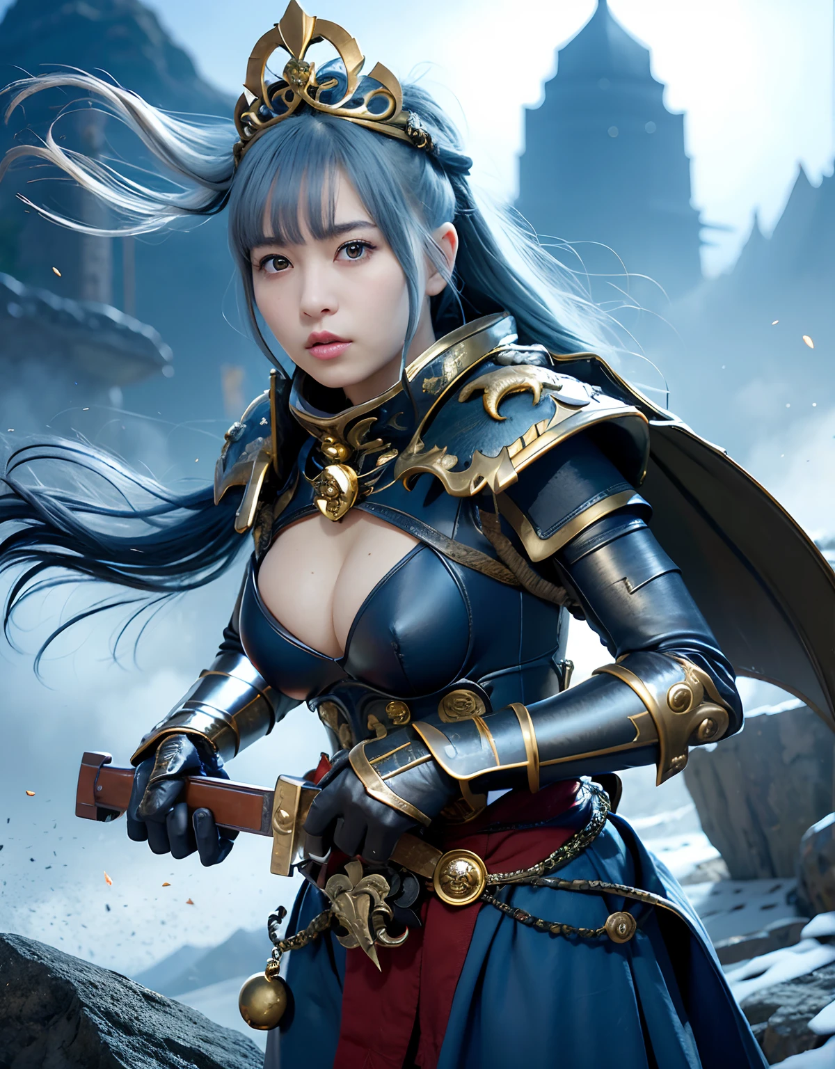 Professional , masterpiece、top-quality、photos realistic , 、top-quality、超A high resolution、(Photorealsitic:1.4)、Raw photo、depth of fields (Gemstone Gold Metal Body:1.9),(Matte White、Toostock、cleavage of the breast、(cleavage of the breast)、(Detailed Dragon Armor)、(Have the strongest weapon)、((Random Hairstyles 1.6),Dark Fantasy,)explosions、intense fighting、(Precipitous cliffs),Dragon Gold Weapon,Mystical expression、Particles of light、Fight dragons、(Detailed Dragon Helmet),Gorgeous Silver Weapons ,(( Dragon's dense and gorgeous sword)) , Beautiful knife ,warhammer 40k ,Detail and gorgeous crown、((Blue hair))、(Castle background)、、((Gangle's forest background))、Beautiful Caucasian beauty、1a person、dynamic ungle,((()))、Smaller head、A smile、Castle background、Thin and beautiful female hands、cleavage of the breast、Soldier in iron armor on background、Mystical expression、Light Effects、intense fighting、Wind-effect、magic circles、With the legendary magic wand、(demonic wings)、Toostock、