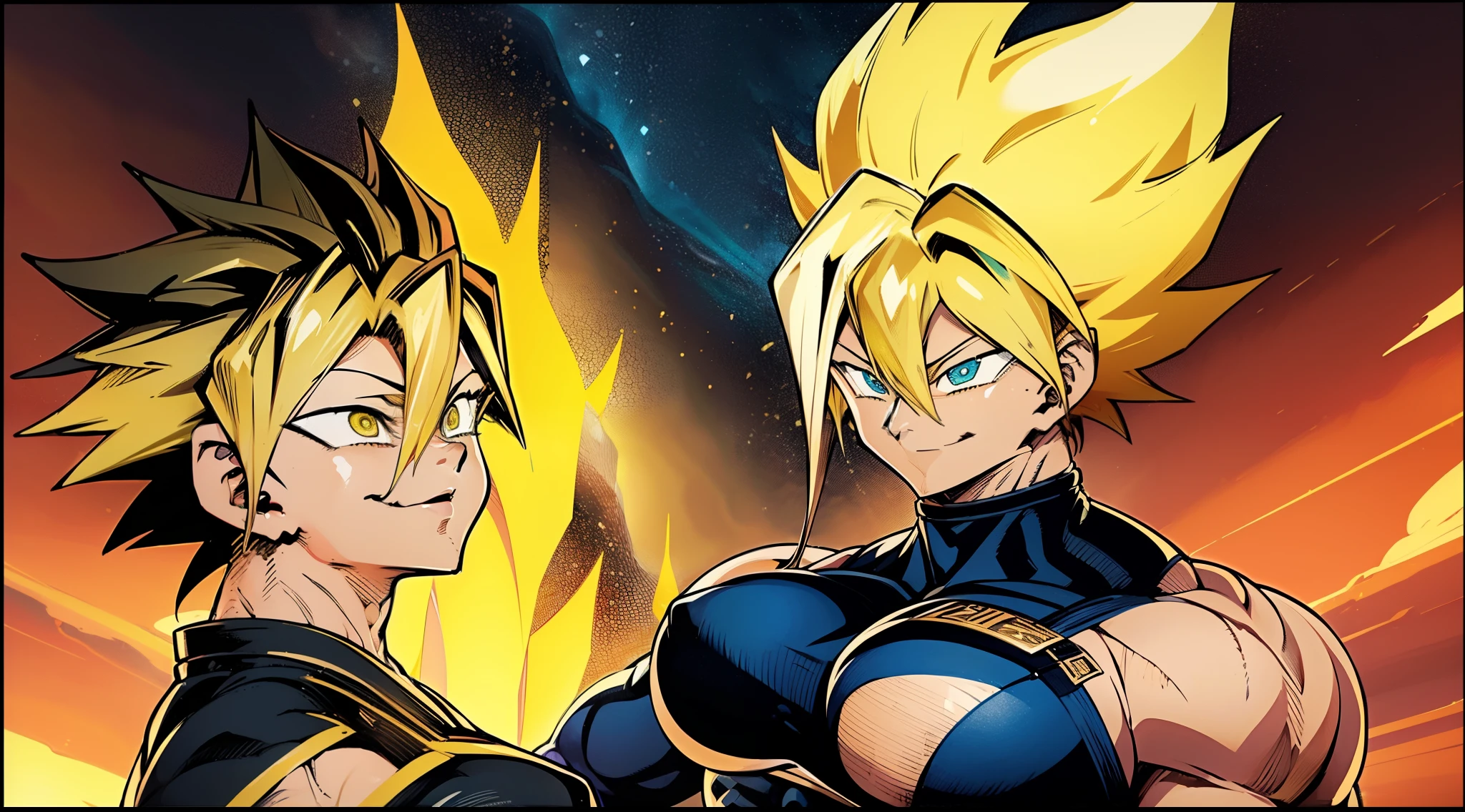 Marle Barrock, corpo inteiro, sorriso louco, cabelos espetados, cabelo alto, Hair color yellow gradient diamond, blonde hair, estilo ssj2, Super Saiyajin, super sayajin 2, estilo anime de Dragon Ball, alto detalhe, anime, 4k