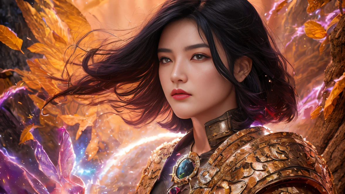 32K，复杂，ellegance，highly  detailed，A majestic，Digital photography，Autumn cowboy shot，surrealism painting，Broken rubies，Beating magic，Entwined water magic，（tmasterpiece，Cinematic light，Fine beautiful eyes：1.2），hdr，Void 5 Energy Storm，(faeries，Black eyes:1.5），Rouge complexion，(On stone：1.5），delicated face，Black color hair，Dressed in palatial rattan armor，