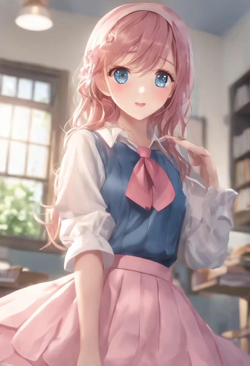 nodokaharamura, nodoka haramura, blue eyes, hair bow, long hair, pink hair, bow,
BREAK blue skirt, kiyosumi school uniform, pleated skirt, school uniform, serafuku, skirt,
BREAK looking at viewer,
BREAK indoors, classroom,
BREAK (masterpiece:1.2), best quality, high resolution, unity 8k wallpaper, (illustration:0.8), (beautiful detailed eyes:1.6), extremely detailed face, perfect lighting, extremely detailed CG, (perfect hands, perfect anatomy),