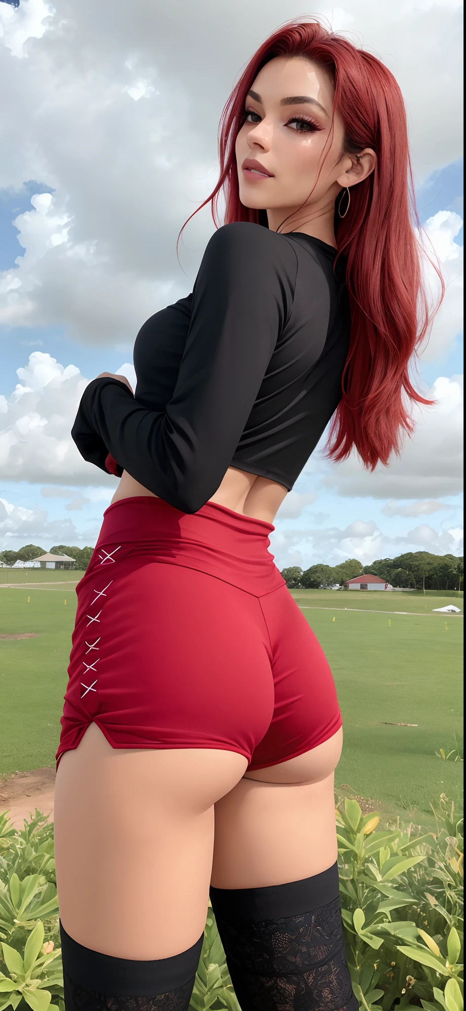uma mulher de bermuda vermelha e top preto posando em um campo, vestindo shorts vermelhos, cropped vermelho yoga curto, roupa apertada, usando roupas simples e apertadas, usando uma roupa vermelha, vermelho, de bermuda, com uma saia vermelha, roupas vermelhas, roupas esportivas vermelhas, baixa estatura, coxas grossas, vermelho e preto, ajuste apertado, cintura magra e quadris grossos, Coxas