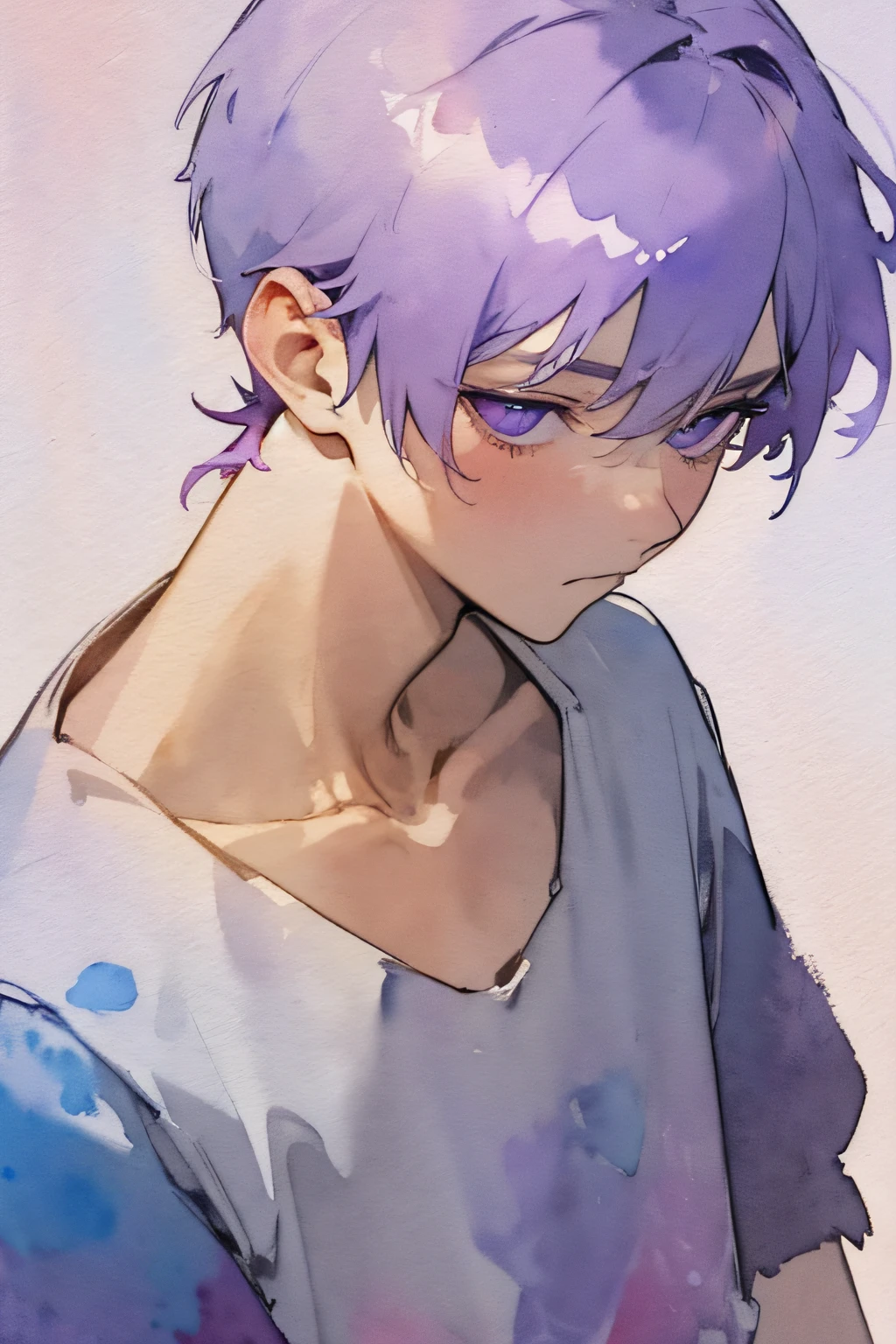 (watercolor:1.5), best quality, masterpiece, simple background, high contrast, high resolution, solid color, 1guy, solo, close up, front, look away, white shirt, sexy nape, clavicle, straight face, close mouth, pale purple short hair, purple eyes, purple highlight,