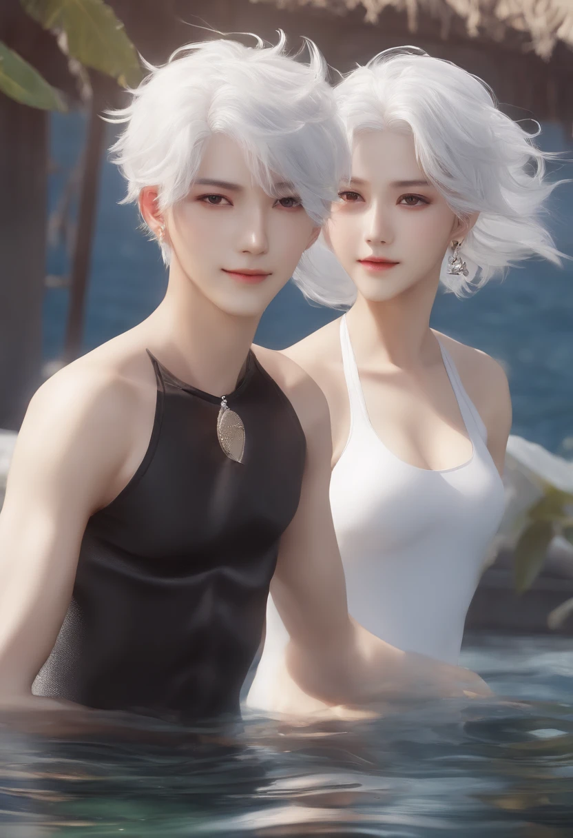 white hair、Shortcut Hair、Height 165、swim wears、A-cup、Akame、Peace with a smile