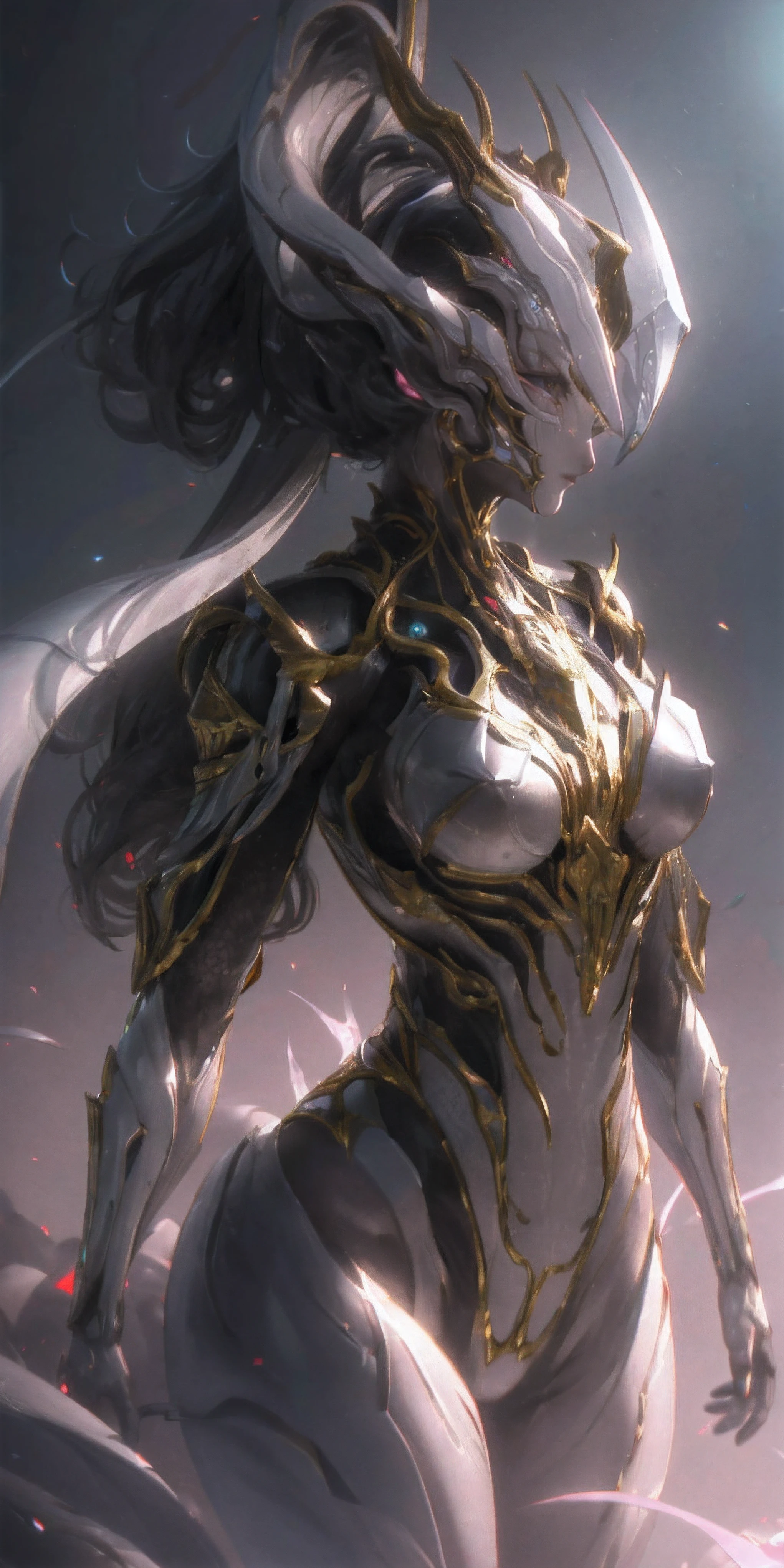 1 girl, no face, mysterious, helmet, unicorn horn, glowing eyes, Extreme detail expression, Glossy metal, dynamic angle, detailed light, dramatic_shadow, ray_tracing, reflection,Raw, cinematic shot, (sharp focus:1.5), (photorealistic:1.2), twilight lighting, volumetric lighting, ultra high res, 16K,dramatic lighting,