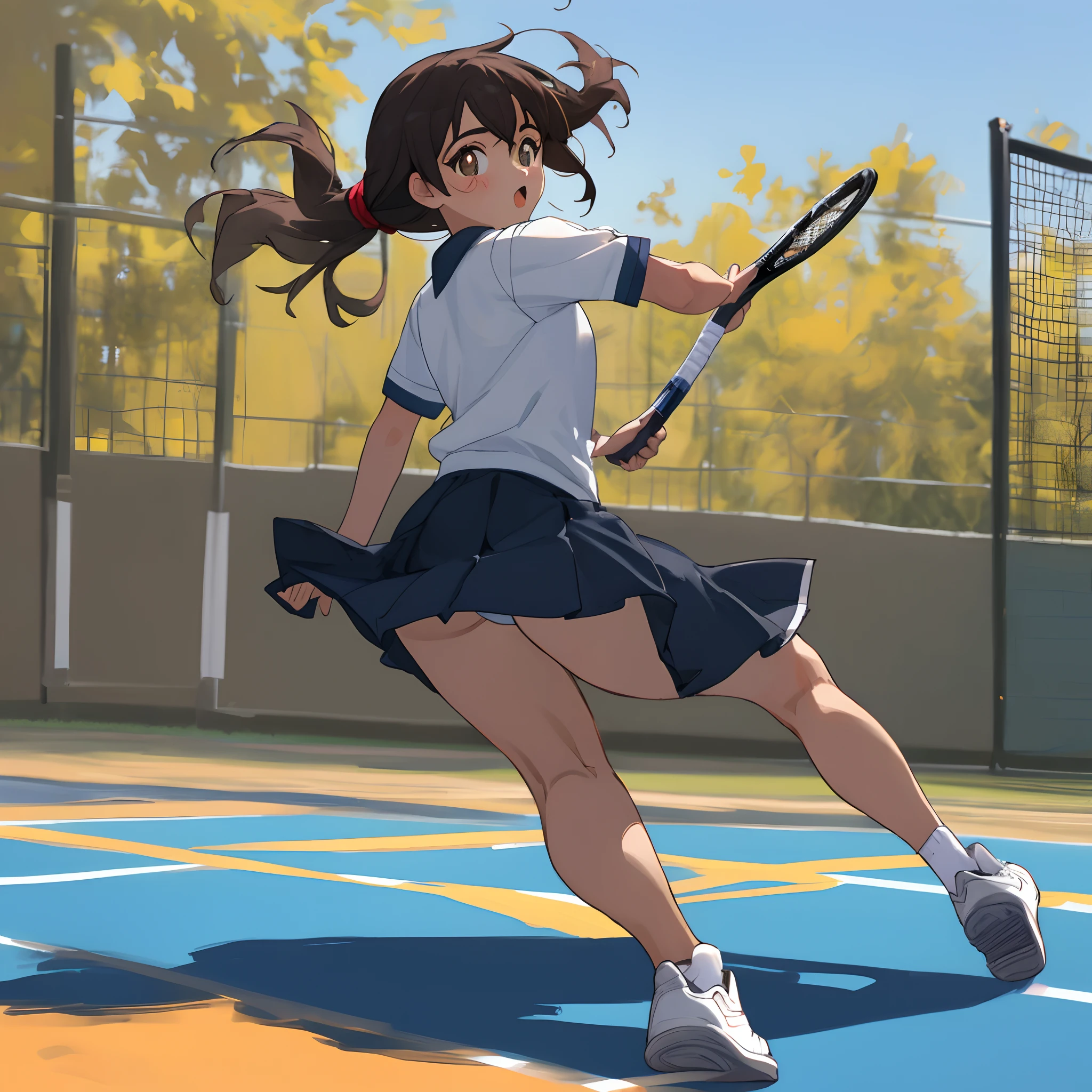 1girl, solo, camisa polo branca, white sneakers, tennis wear, minissaia branca, obra-prima, melhor qualidade, realista, hiperdetalhado, (pele brilhante, suado: 1,4), absurdo, olhando para o espectador, rabo de cavalo curto, cabelo preto, castanho olhos, esguios, dynamic lighting, alta resolução, foco nítido, profundidade de campo, olhos detalhados, sharp pupils, pupilas realistas, (seios pequenos: 1,4), (coxas grossas: 1,1), ao ar livre, heaven, show panties