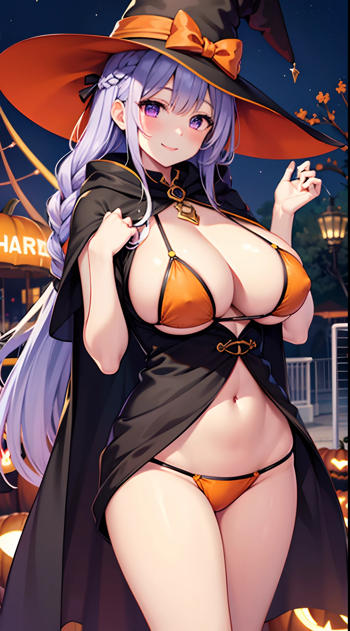 1 girl, game CG, 1 girl, game CG, orange bikini, black witch hat, cloak, hair ribbon, gigantic breasts, light purple hair, long hair, french braid, purple eyes, smile, one arm raised, night , amusement park , halloween background,