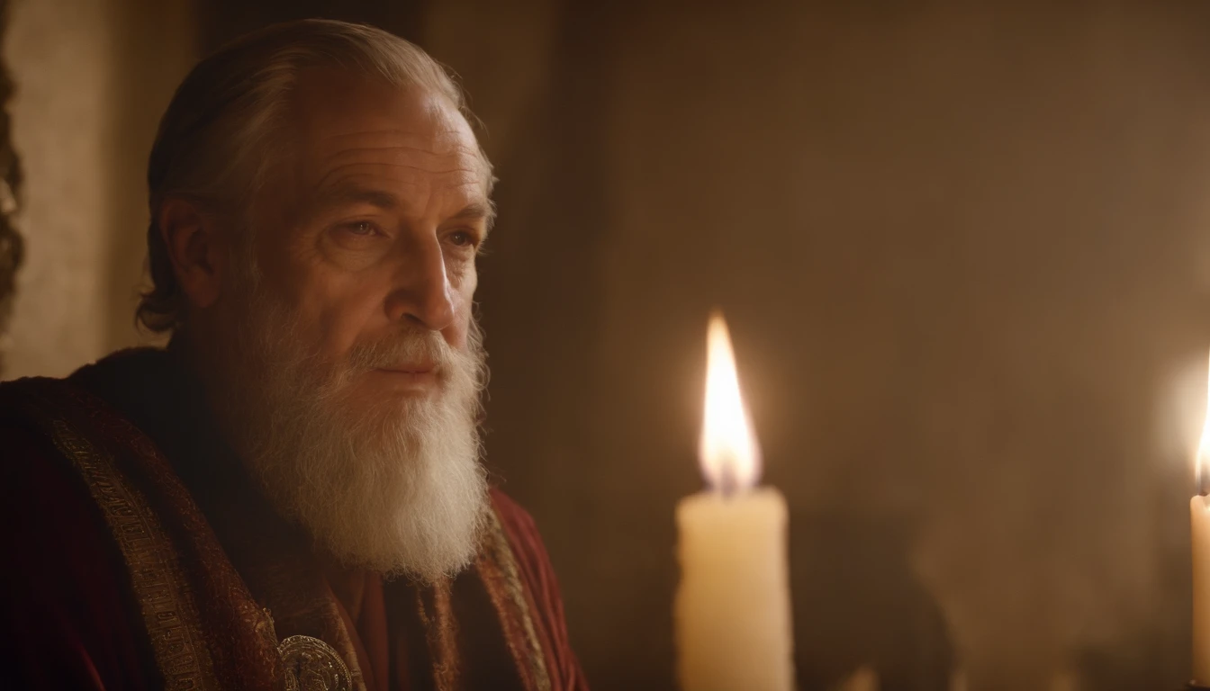 "In the dimly lit chamber of his final days, an aged King David imparts his wisdom and blessings to his successors. The flickering candles cast long shadows as David reflects on his life, and the weight of his legacy weighs heavily on those gathered around him."