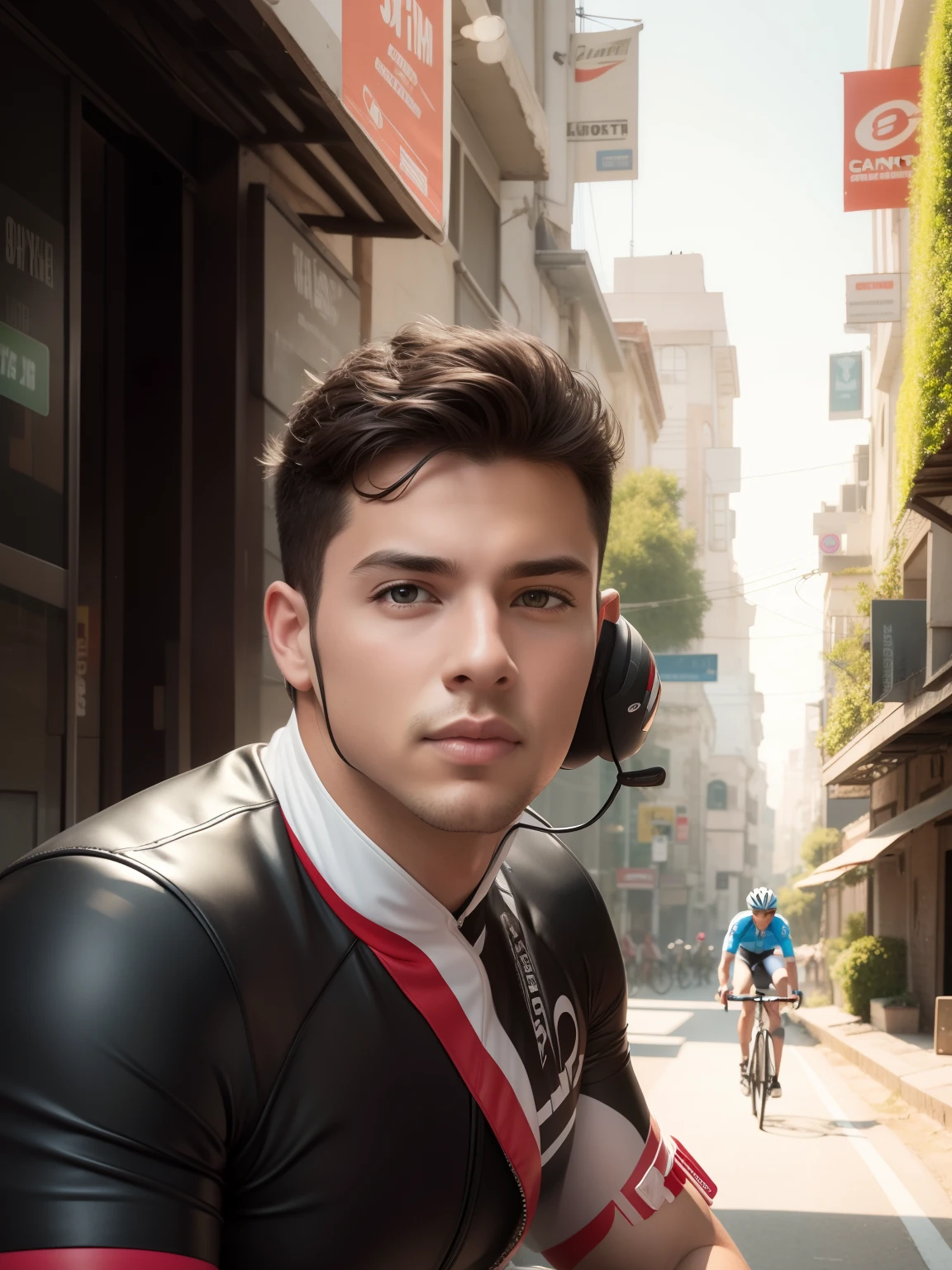 Change background rode site place bike rider futuristic realistic face handsome boy cute