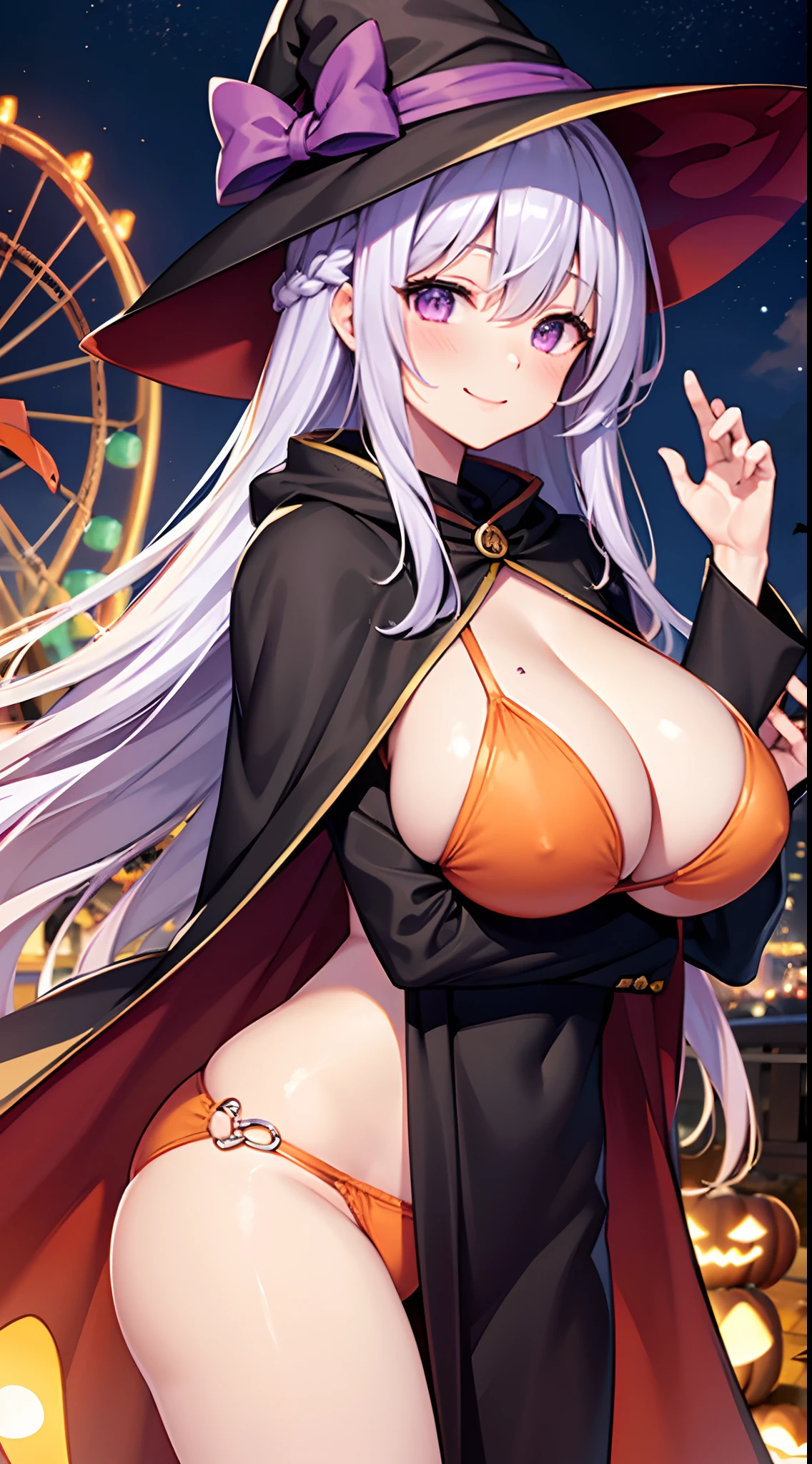 1 girl, game CG, 1 girl, game CG, orange bikini, black witch hat, cloak, hair ribbon, gigantic breasts, light purple hair, long hair, french braid, purple eyes, smile, one arm raised, night , amusement park , halloween background,