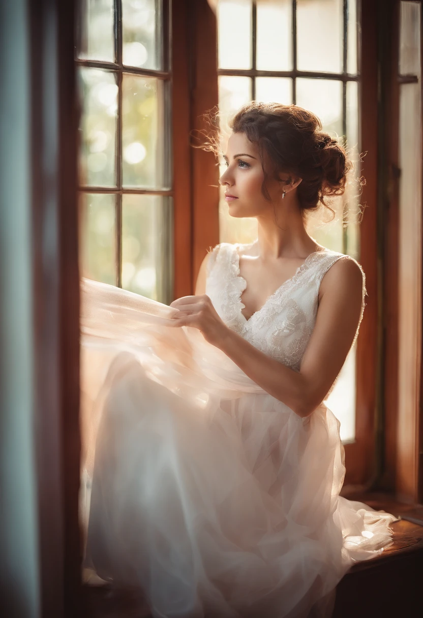 Photo of 55 years old beautiful women, brown hair, a semi transparent white Roman toga for women, solo, medium breasts, cleveage, sitting next to the window, it is raining outside, photograph, photoshoot, weak light, shadows, Captured by Panavision Panaflex Platinum Camera with Panavision Primo Primes Spherical Lens 75mm T1.9