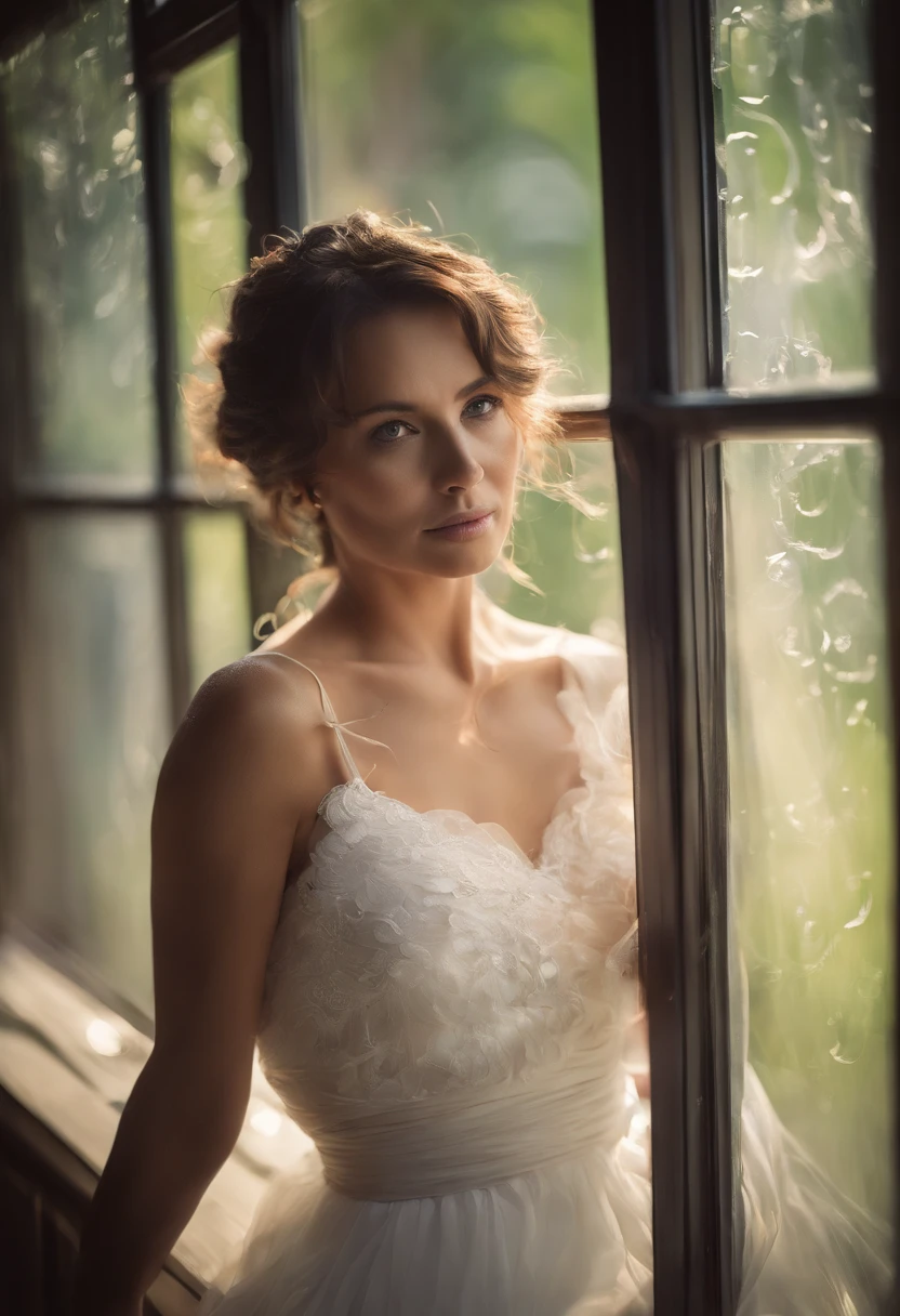 Photo of 55 years old beautiful women, brown hair, a semi transparent white Roman toga for women, solo, medium breasts, cleveage, sitting next to the window, it is raining outside, photograph, photoshoot, weak light, shadows, Captured by Panavision Panaflex Platinum Camera with Panavision Primo Primes Spherical Lens 75mm T1.9