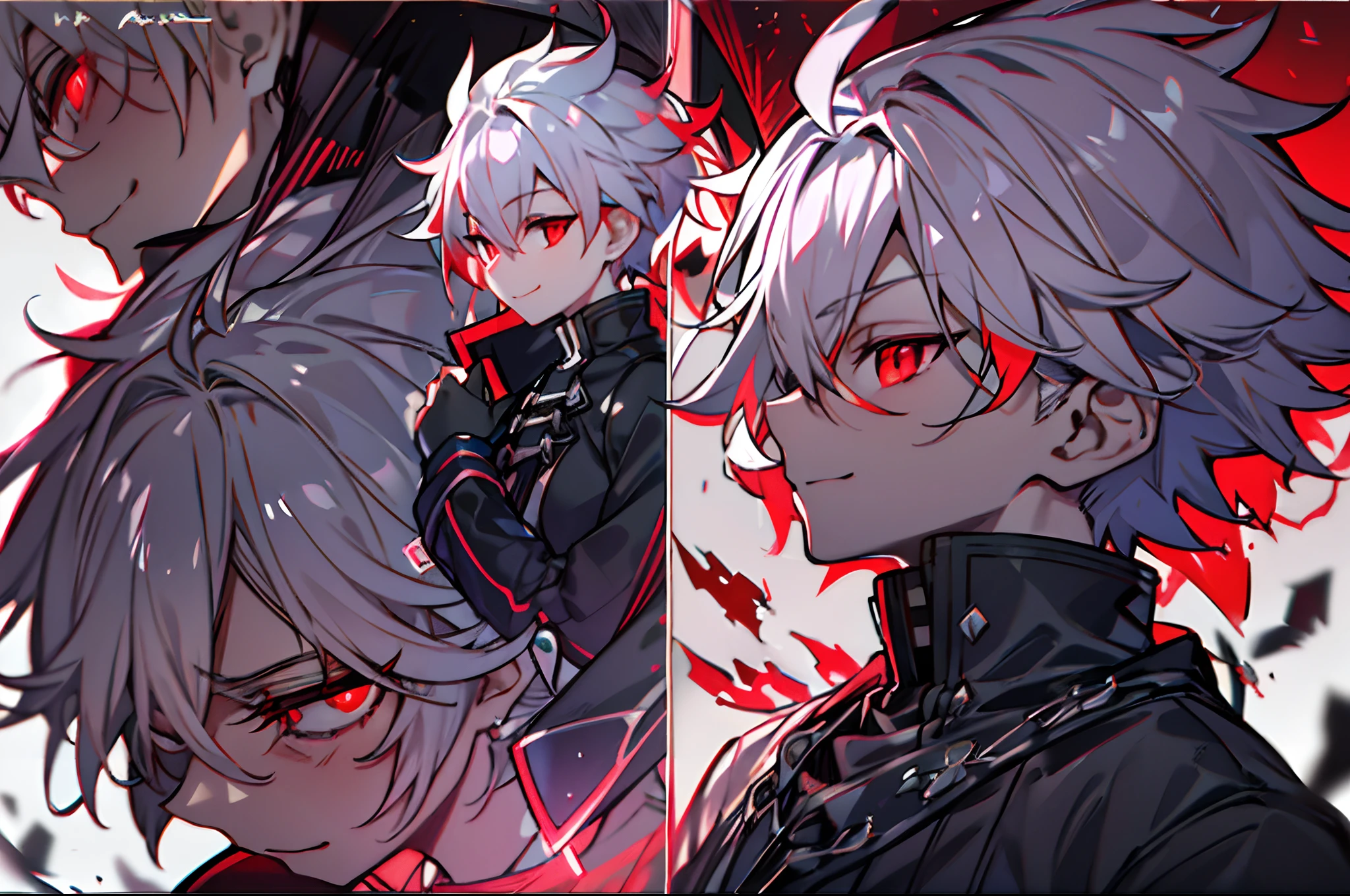 High resolution, 2D anime style,,cool men,short hair,tall,silver hair,beautiful earrings,red eyes,Dark Fashion,He is laughing alone,