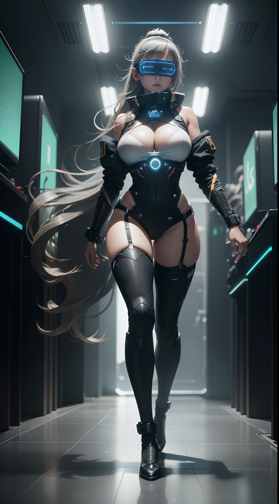 （（best qualtiy））， （（tmasterpiece））， （full body shot shot），（The is very detailed：1.3）， 3D， big breasts beautiful （cyber punk perssonage：1.3）An extremely tall, slender and sexy female hacker，Mohican hairstyle，Extra-large big breasts，Long cleavage，big breasts thin waist，Abs，Exaggerated huge fat buttocks cocked，Super long big thick legs，Punk-inspired heels，facing away from the audience，Extra-long hair is very bushy，Operate a computer terminal，head mounted display，computer servers，LCD screen，Fiber optic cable，Company logo，HDR（HighDynamicRange），Ray traching，NVIDIA RTX，Hyper-Resolution，Unreal 5，sub surface scattering，PBR textures，post-proces，Anisotropy Filtering，depth of fields，Maximum clarity and sharpness，Many-Layer Textures，Albedo e mapas Speculares，Surface Coloring，Accurately simulate light-material interactions，perfectly proportions，rendering by octane，twotonelighting，Low ISO，White balance，trichotomy，Wide aperture，8K RAW，High-Efficiency Sub-Pixel，sub-pixel convolution，Luminous Particle，full body dynamic pose。