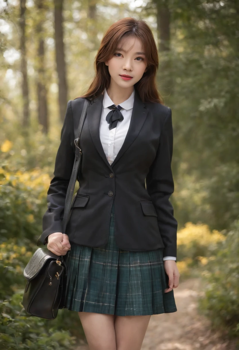 Best Quality,masutepiece,超A high resolution,Raw photo,Detail Face,Detailed skin,(Realistic, Photorealsitic:1.3),Dramatic Lighting,Light on Face,1girl in,Solo,Cowboy Shot,Standing,copper hair,forest,Outdoors,Looking at Viewer,Smile,Long hair,Bangs,Lady of Athar,A MILF,Narrow waist,skinny,Open your clothes,Black pantyhose,Black jacket,School uniform,Long sleeves,sleeves past wrists,Collared shirt,Pleated skirt,Black skirt,Miniskirt,plaid skirts,Bag,shoes,Black footwear,Blazer,Cardigan,Plaid,School bag,neck tie,highschool,Street,tree,Lens Flare,Wind,
filmg,mix4,