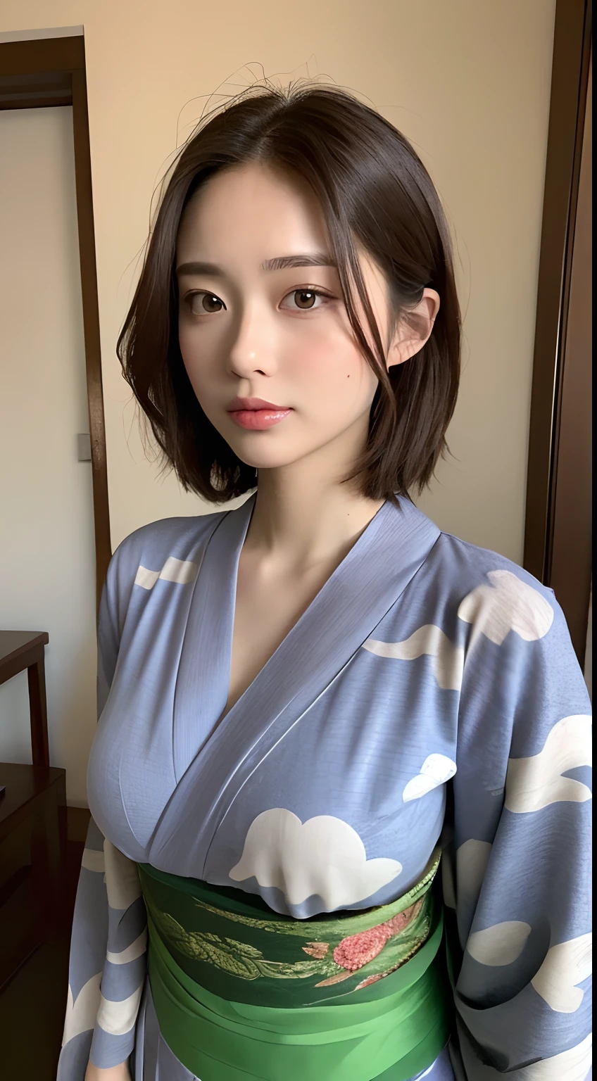 ((Best Quality, 8K, masutepiece :1.3)), Pretty Woman, 1girl in, Huge breasts :1.3, (Firm abs, Slender figure :1.1), Lustful, dark brown hair, (Stand in bed), Ultra-detailed face, Detailed lips, Detailed eyes, 二重まぶた, Japan kimono、Ha is just、enticing