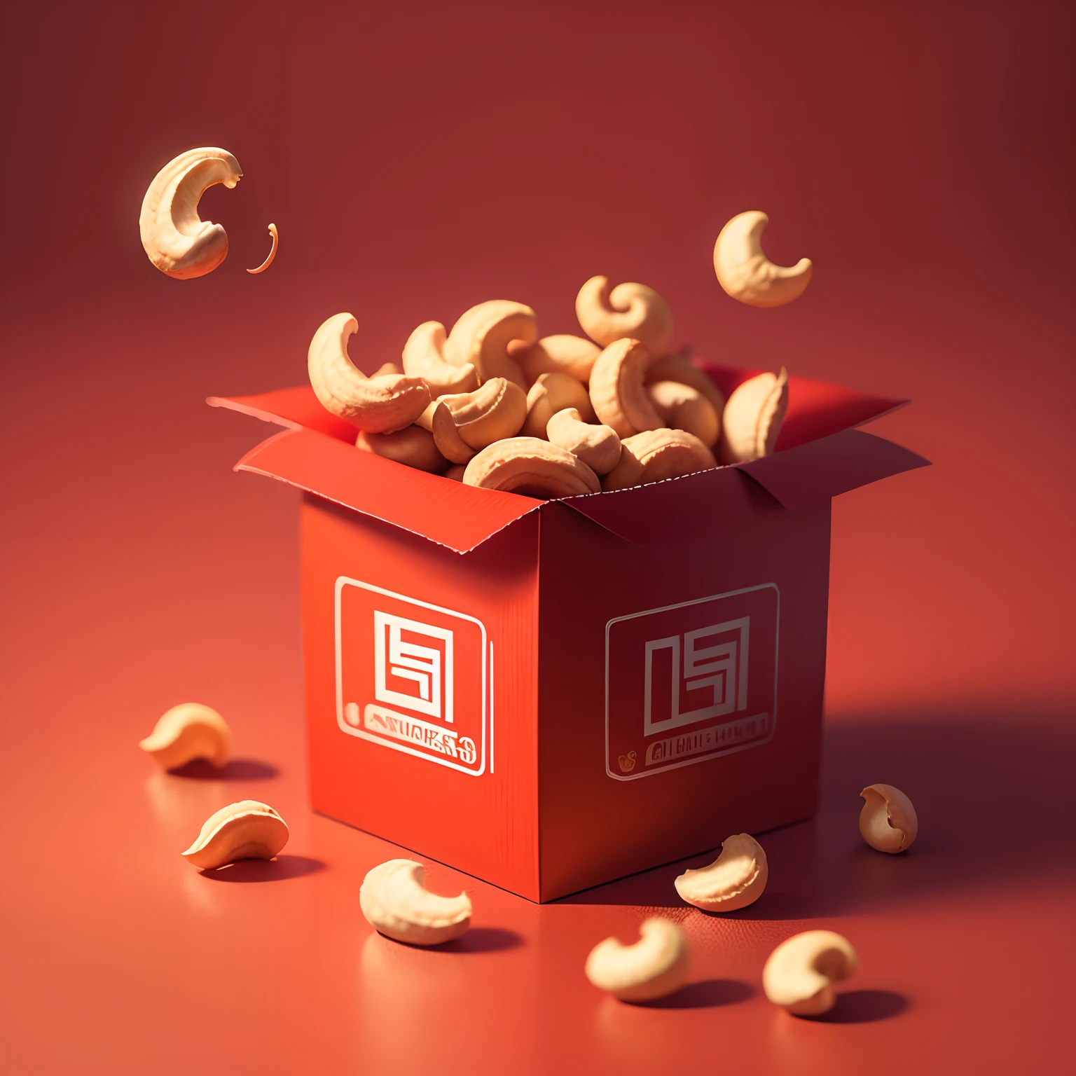 boxed Cashews flying around with a red background