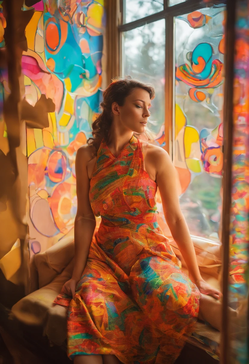 Photo of 35 years old beautiful women, brown hair, a semi transparent white Roman toga for women, solo, medium breasts, cleveage, sitting next to the window, it is raining outside, photograph, photoshoot, weak light, shadows, Captured by Panavision Panaflex Platinum Camera with Panavision Primo Primes Spherical Lens 75mm T1.9