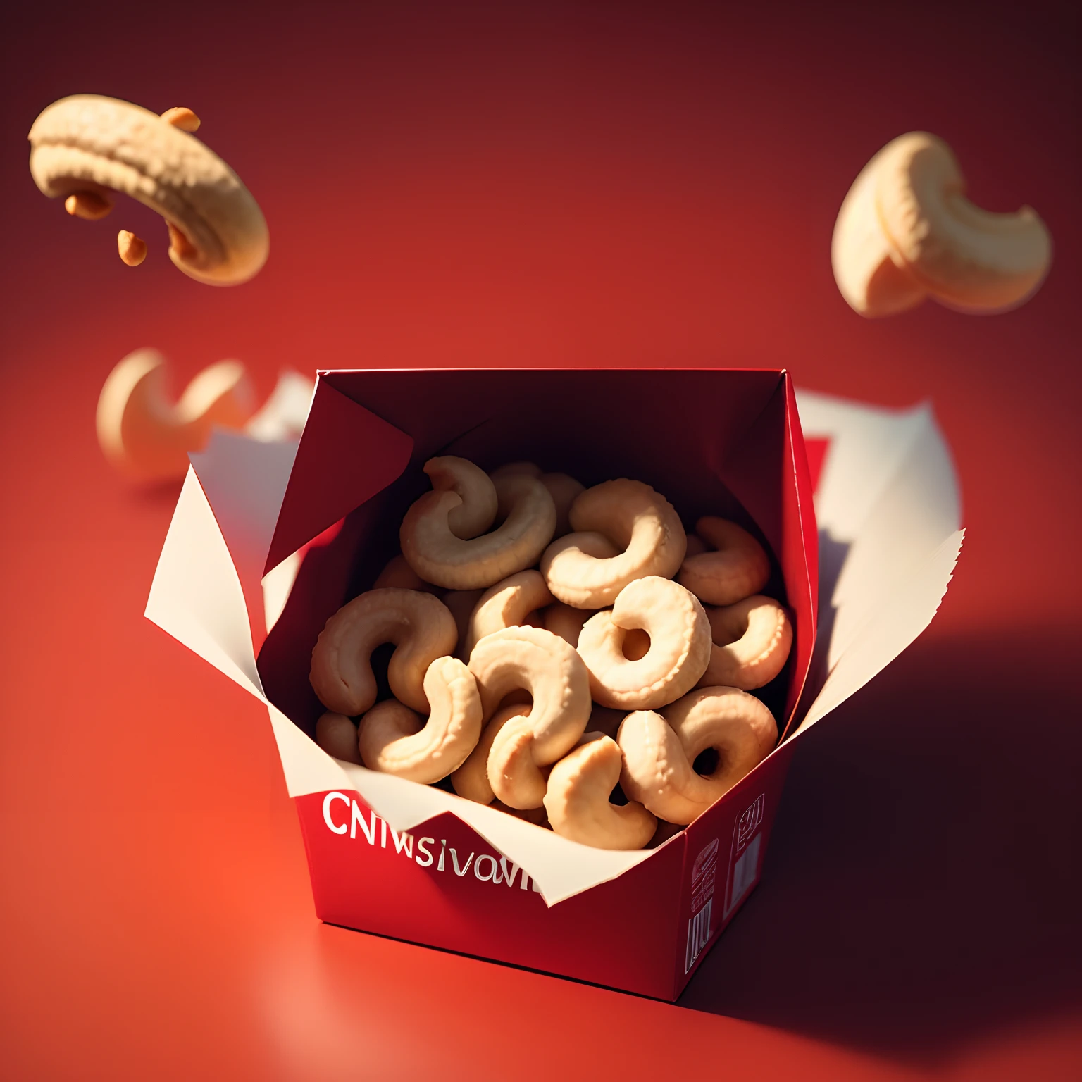boxed Cashews flying around with a red background