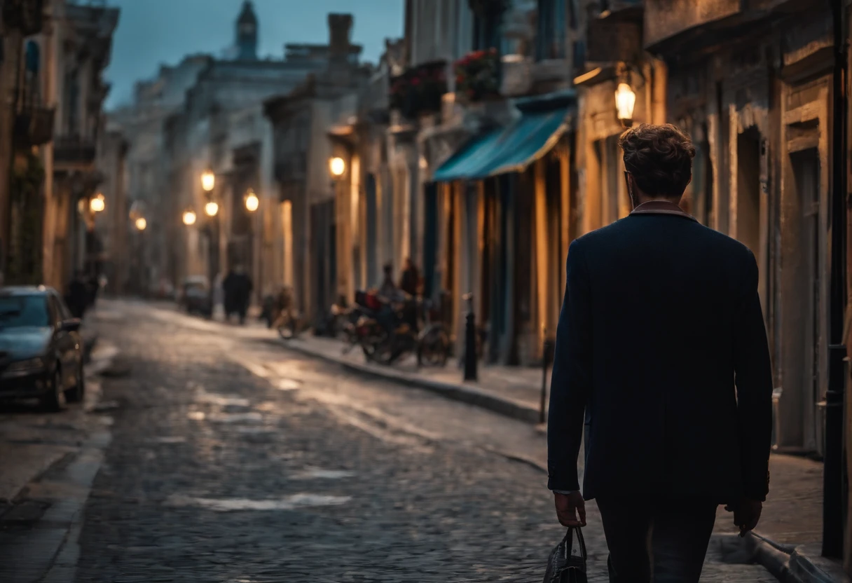 A listless young man,emaciated,Walk listlessly down the street,Clothes are shabby,Many pedestrians on the street were watching him,high detal,high high quality