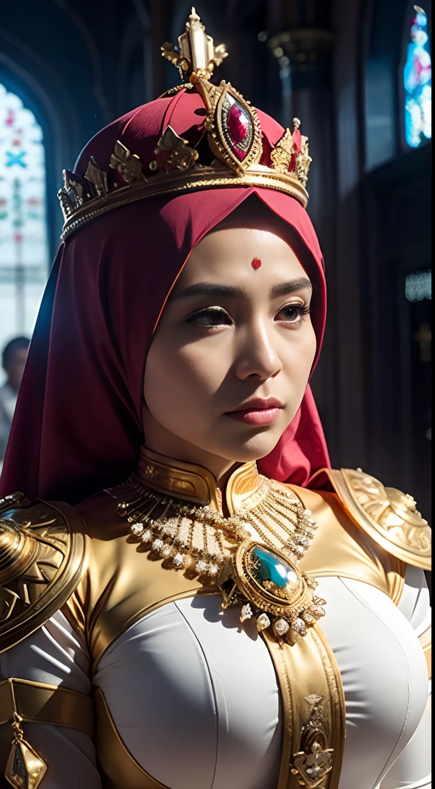 1 malay girl, modern plain hijab, shy, big breast, medium portrait, watery eyes, Best quality, masterpiece, detail, intricate detail, realistic cinematic lighting, (fantasy art: 1.6), (seiza: 1.1), (front: 1.2), upright, royal, majestic, queen, (huge and golden throne: 1.4), crown, close-up front, solemn, throne, upright posture, seriousness, dignity, gaze ahead, contemplation, jewelry, solo, divine ray, 1 woman, gold and red dress, golden palace,