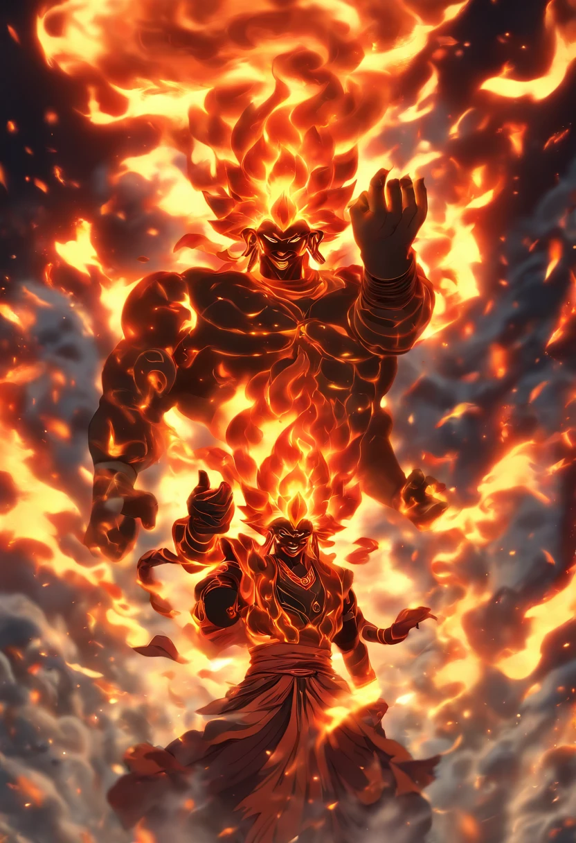 (((AGNI))) best quality, ultra-high resolution, 4K detailed CG, masterpiece, Hindu god, man, seven hands, fire, Indian clothing, Hindu mythology, ((two heads)), painting style Hindu, aesthetic, screen-centric