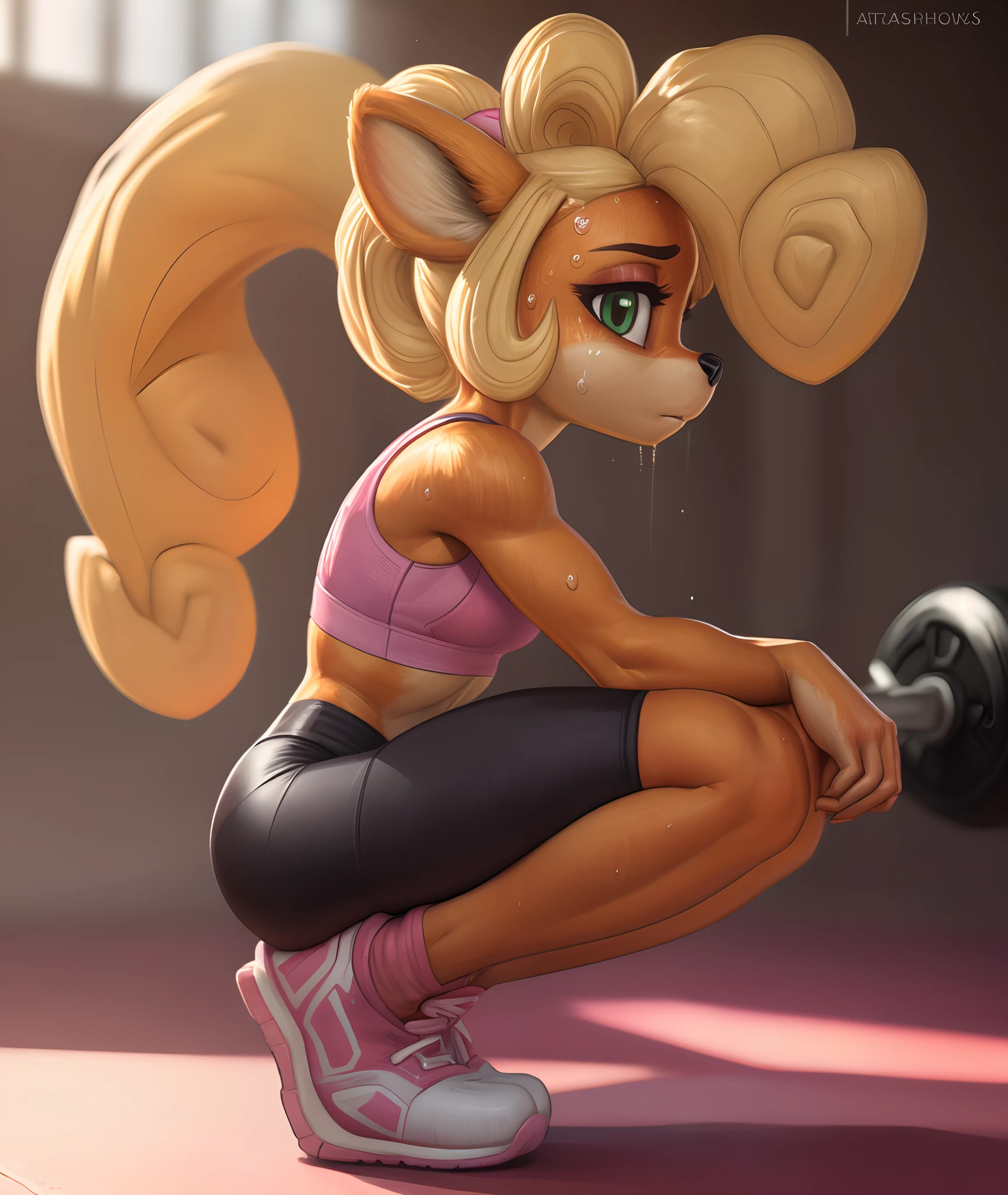 [Coco bandicoot], [Uploaded to e621.net; (Pixelsketcher), (wamudraws)], ((masterpiece)), ((high quality)), ((HD)), ((solo portrait)), ((full body)), ((front view)), ((furry; anthro)), ((detailed fur)), ((detailed shading)), ((beautiful render art)), ((shoes visible)), ((intricate details)), {anthro; (slim figure), orange fur, black nose, (cute half-closed green eyes), (sweat on face), (expressionless), long blonde curly hair, (curly ponytail), (curly bang), (defined muscles), (beautiful legs), (camel toe)}, {(pink sports bra), (black tight spandex yoga shorts), (pink sneakers)}, {(standing), (arms at side), (holding dumbbell), (looking at viewer)}, [background; (gym), (windows), (sun rays)]