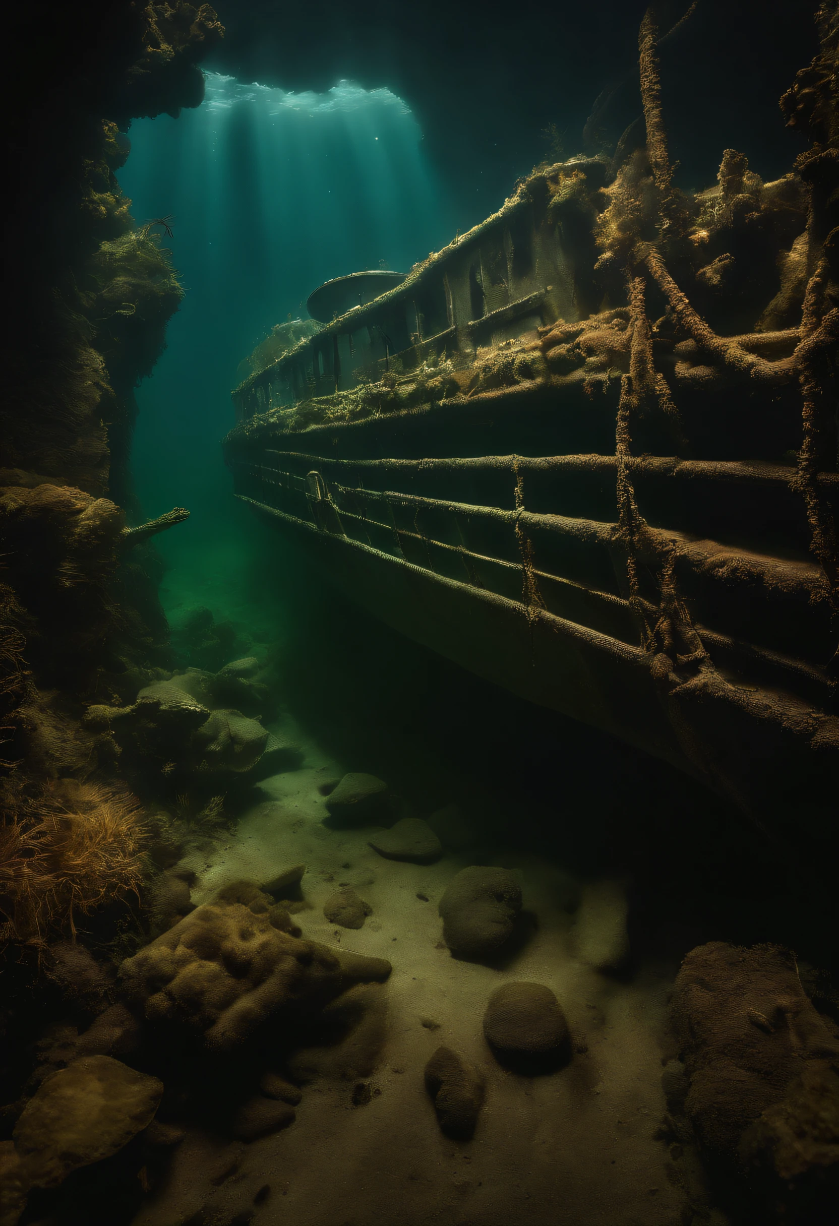 (stunning masterpiece: 1.3), ((12K HD)), ((under water)), A marine scientist diver studies photographs of the wreckage of a World War II military destroyer., The keel sinks to the bottom of the sea, The ship was split in half, Deep-sea creatures that inhabit the area, Adding to the ominous atmosphere, Hiding in the dark., Twisted metal remains inside and outside.. The colors of this place are soft and gloomy, Rusty metal and rotten wood create a feeling of decay and neglect. Although the water is calm, ((sun beam)), ((Bright Diamond Splash)), Bubble swirl, Sharp focus, intricated details, High Detail, digital art, Bright and beautiful splash, sparkling, Amazing digital art, It's interspersed with vivid colors and surreal fantasy lighting, super detaill, digital photography, 8K, Sharp focus, ,no_mankind