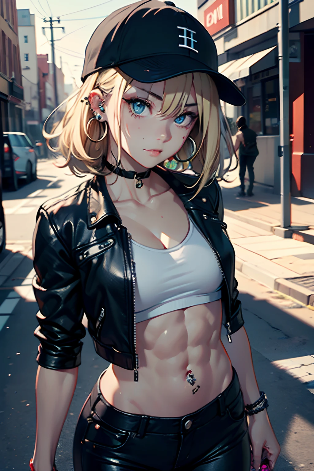 NSFW,modred、(Green Eyes:1.5)、Blonde Hair、ponytail、short hair、Scrunchie、赤いScrunchie、ヘアScrunchie、denim、denimShorts、Jacket、jewelry、abdomen、belly button、necklace、赤いJacket、Shorts、Shorts、Tube top、White top、,(Perfect hands),(Perfect Anatomy),(masterpiece),(highest quality),