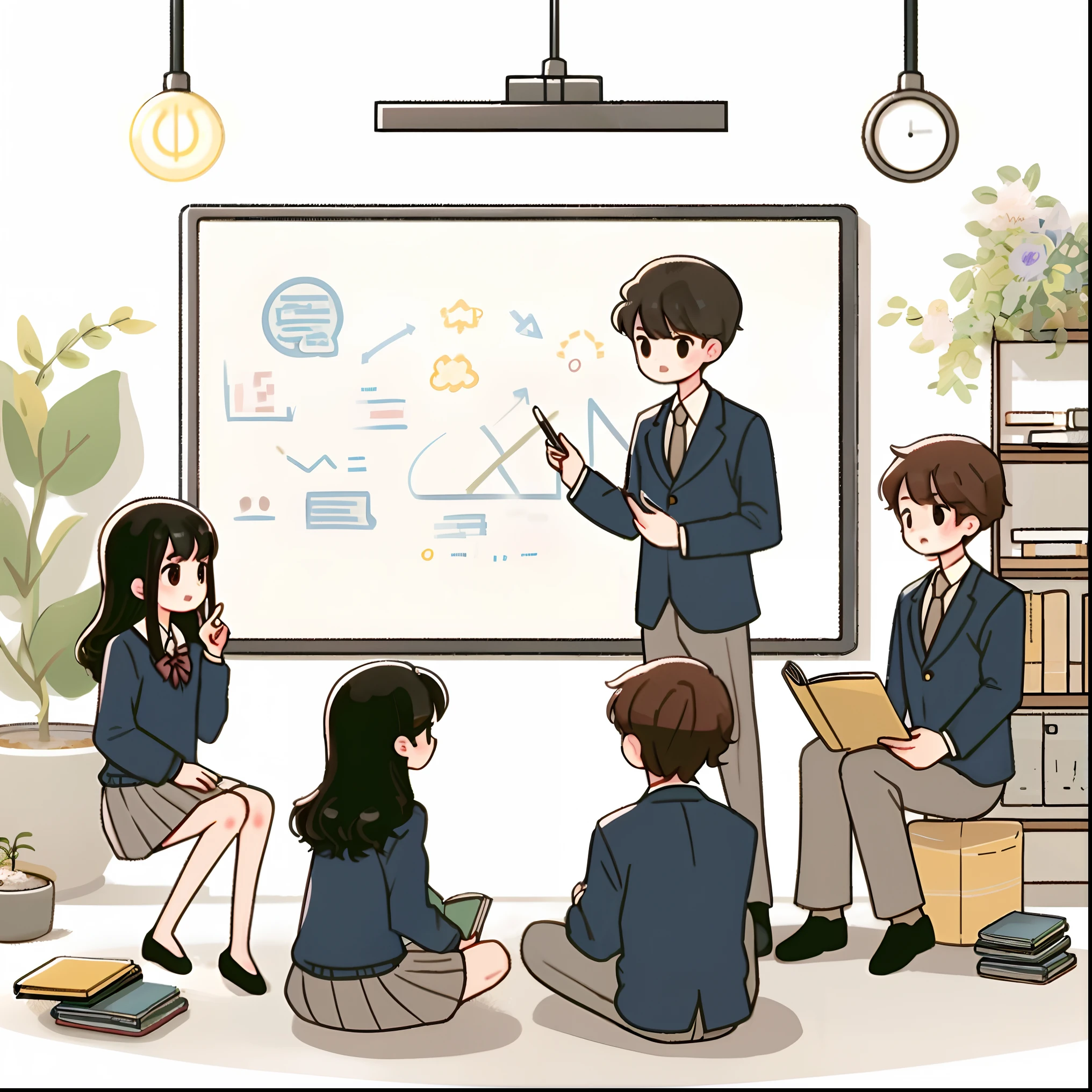 (best quality, masterpiece: 1.0), illustration, students are having a discussion, facilitating, whiteboard, Japanese students