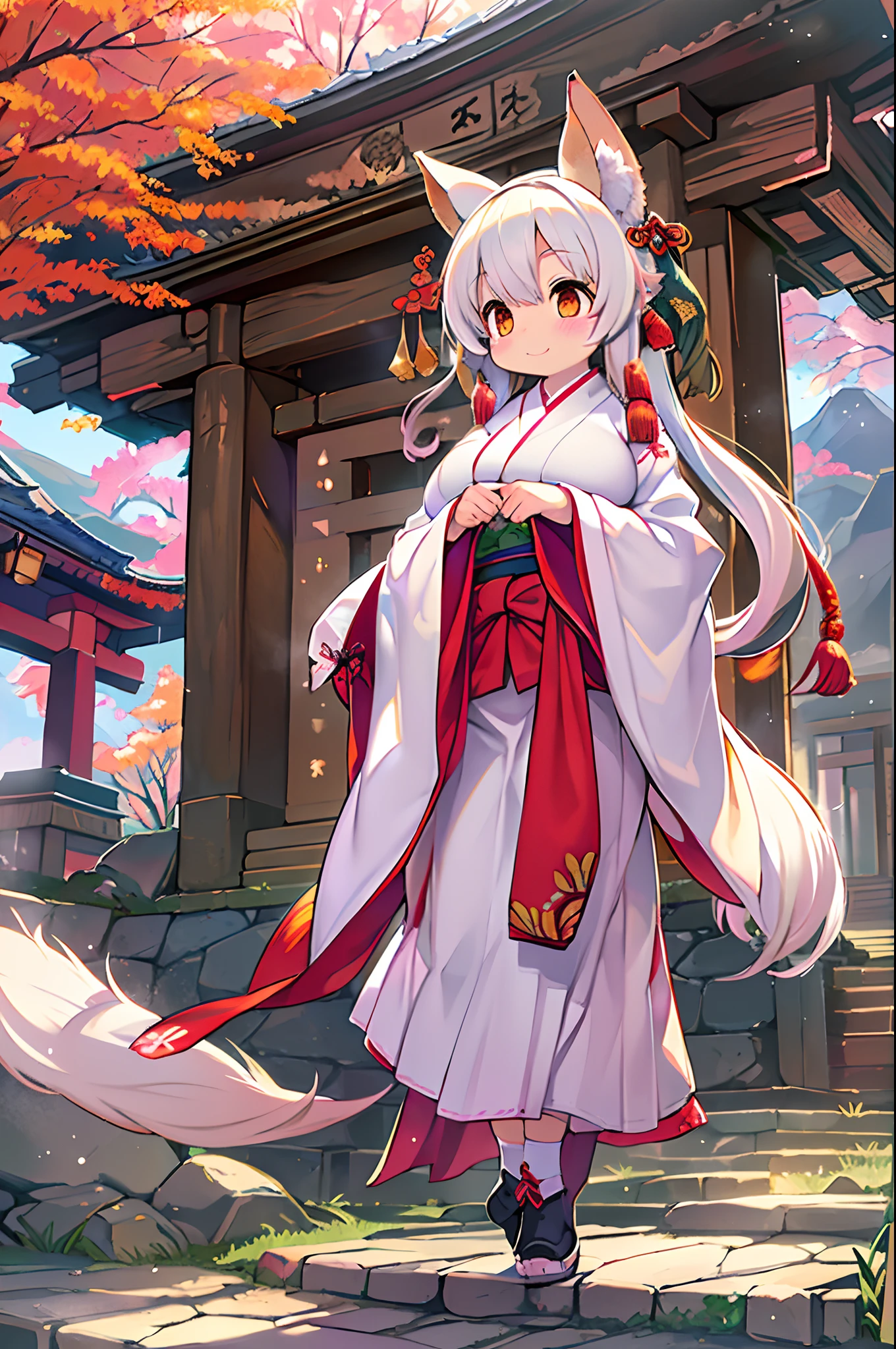 Fox Woman、body covered with fur、huge-breasted、kawaii、shrine maiden、Japan white clothes,Red Hakama、torii gate,((oblique angle))、winking、A big smile、bbw、thick thight、big butts、Ultramammy,Chibi,Nanachi, autumn day,kaede、 Pines, Anime Background Art, japanese art style, beautiful anime scene, detailed scenery - width 672, Background art, Anime landscapes, Anime Background, Beautiful anime scenery, Beautiful peace scenes in anime, landscape artwork, Japan Village, Anime landscape concept art, 8K))、a lot of fallen leaves、Water twinkle、Springs in the mountains、Main shrine、chii