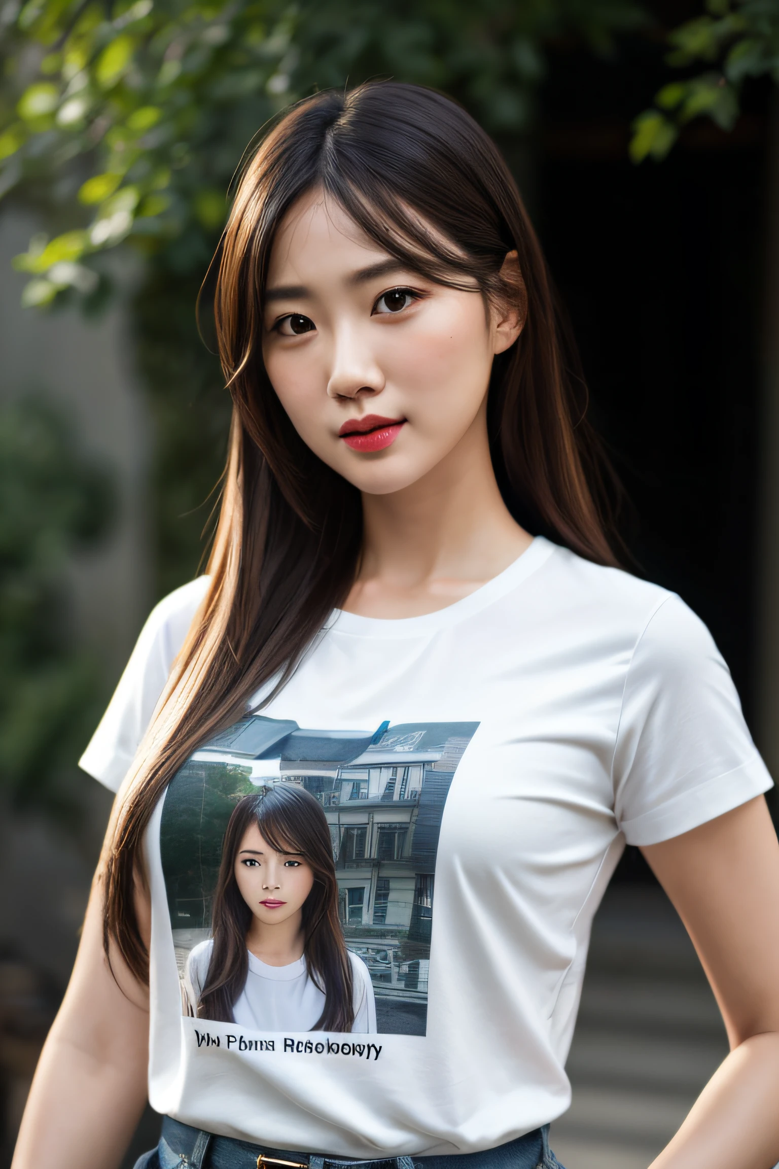 hyper realistic lifelike texture dramatic lighting unreal engine trending on art station, award - winning photo, nikon RAW photo,8 K, FujifilmXT3,masutepiece, Best Quality, Realistic, Photorealistic, ultra-detailliert, extra detailed face, Solo,1girl in, Standing, Fashionable and trendy atmosphere, close up, T-shirt, smooth hair