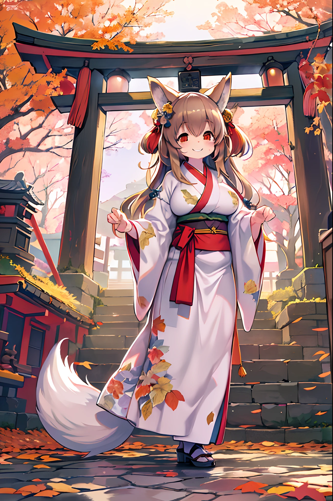 Fox Woman、body covered with fur、huge-breasted、kawaii、shrine maiden、Japan white clothes,Red Hakama、torii gate,((oblique angle))、winking、A big smile、bbw、thick thight、big butts、Ultramammy,Chibi,Nanachi, autumn day,kaede、 Pines, Anime Background Art, japanese art style, beautiful anime scene, detailed scenery - width 672, Background art, Anime landscapes, Anime Background, Beautiful anime scenery, Beautiful peace scenes in anime, landscape artwork, Japan Village, Anime landscape concept art, 8K))、a lot of fallen leaves、Water twinkle、Springs in the mountains、Main shrine、chii
