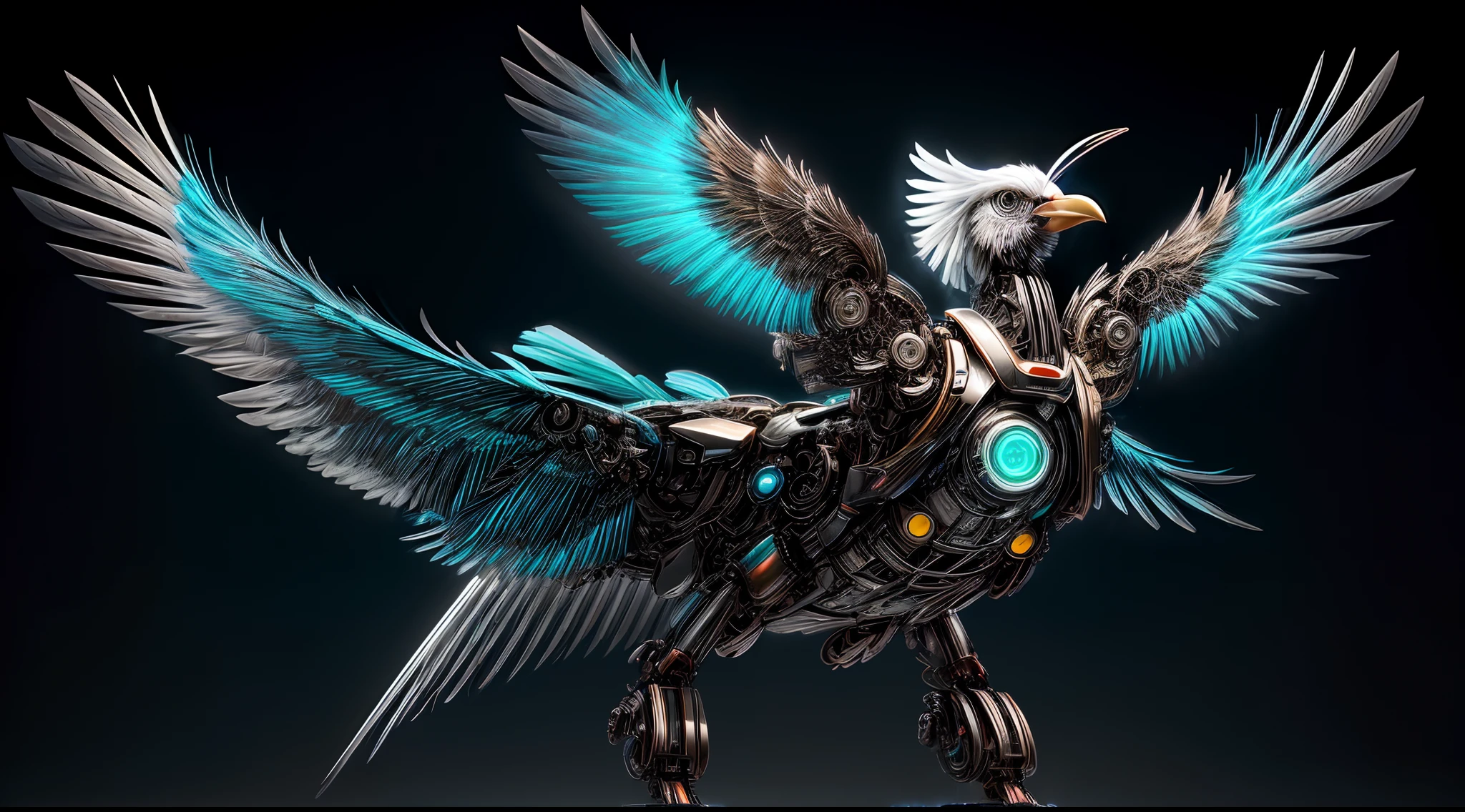 Create a mesmerizing digital portrayal of a (mechanical bird:1.5) enveloped in a bioluminescent and luminous aura, radiating vibrant colors from its metallic plumage.