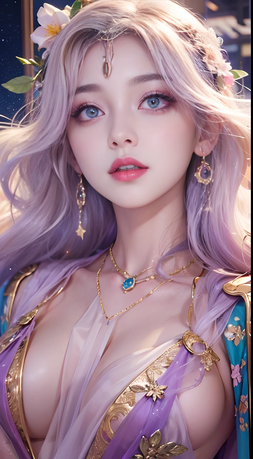 1 20 year old girl, 1 godess, Pink purple silk dress, Female saint body, Round chest, Big and round breasts, Phoenix brooch, Changping bangs, Long black hair, Beautiful clear face and well-proportioned eyes, (Transparent iridescent light purple eyes: 1.8), (Big round eyes and makeup, Sexy wet eye makeup, Very beautiful and delicate hair makeup, Delicate long blonde hair, Delicate, Body image: 1.8), figure: vivid vibrant, (The stars that make up the sky: 1.7), (The sky of heaven and the door of imaginary time and space: 1.8), Fictional art, RAW photos, hanfu photos, best photos, high resolution, Best quality, best photos, Best goddess quality, 8K women, (Beautiful single girl: 1.8), (More details:0.8), Close-up, Get close to the goddess, Clear and surreal
