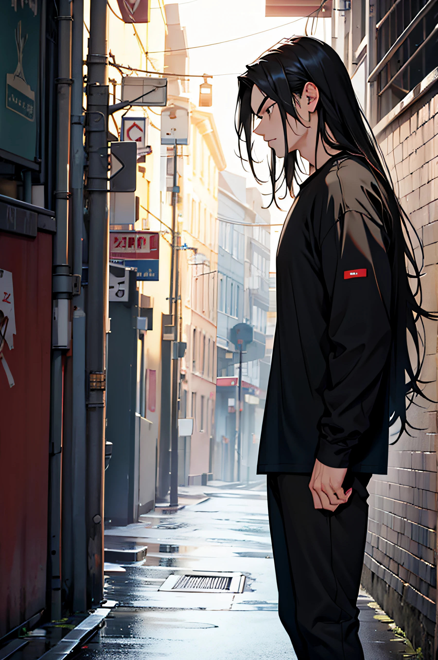 long black haired guy staring frontview wearing black tshirt and black pants