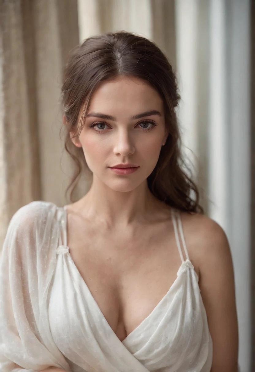Photo of 35 years old beautiful women, brown hair, a semi transparent white Roman toga for women, solo, medium breasts, cleveage, sitting next to the window, it is raining outside, photograph, photoshoot, weak light, shadows, Captured by Panavision Panaflex Platinum Camera with Panavision Primo Primes Spherical Lens 75mm T1.9