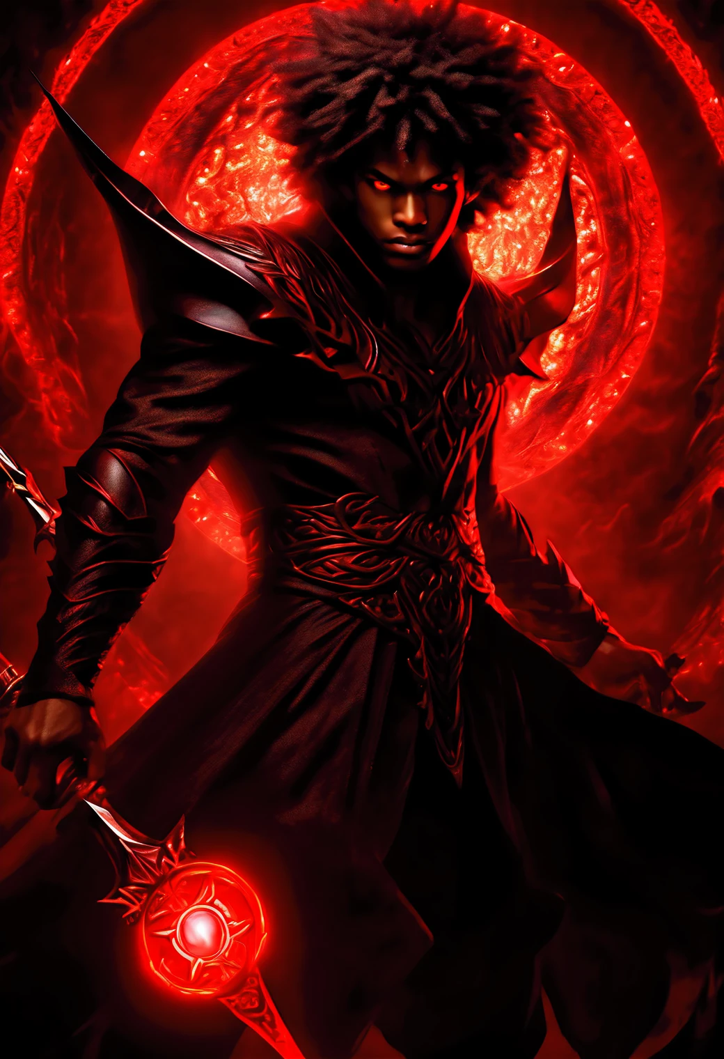 color photo of a brown boy, 19 years old, with red eyes, exuding a mesmerizing red power. His skin is a captivating blend of tan and black, adding an ethereal touch to his presence. Clad in a striking black cloth, he stands in a fantasy kingdom, surrounded by a dark power that emanates from within him. His eyes glow with the intensity of his red eyes power, while dark black energy radiates from his body, intertwining with his every movement. In a fierce battle, he fearlessly confronts a multitude of devils and demons, showcasing his unwavering strength and determination. —c 10 —ar 2:3