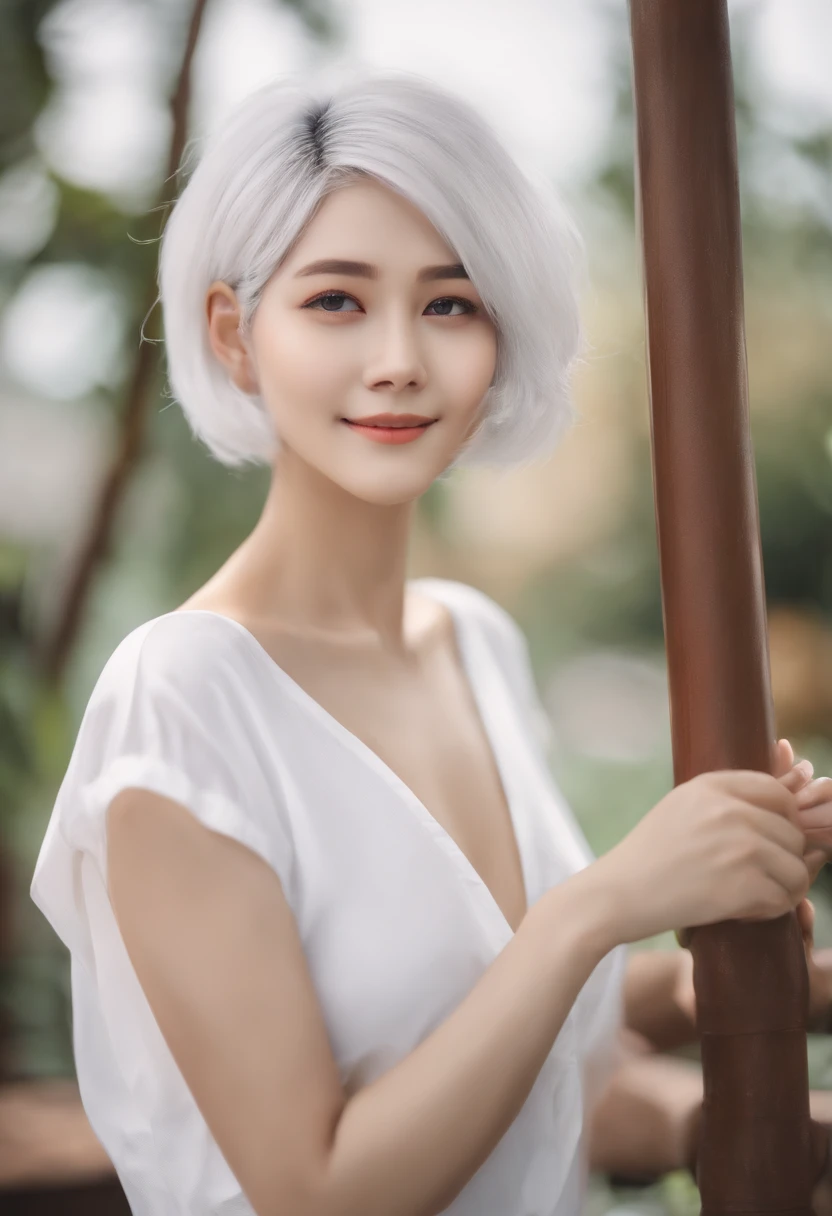 white hair,short cut hair,Height 165,swim wears,A-cup,Akame,Peace with a smile,femele,Small face